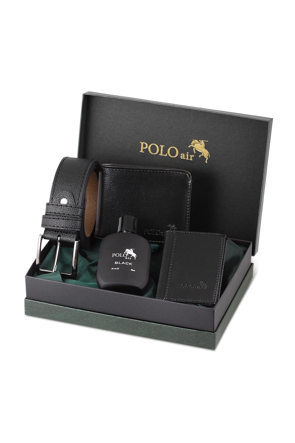 Polo Air ست کلاسیک مردانه مشکی – کیف پول + کمربند + جا کارتی + عطر با جعبه شیک Kutulu Klasik Erkek Cüzdan Kemer Kartlık Parfüm Seti Siyah