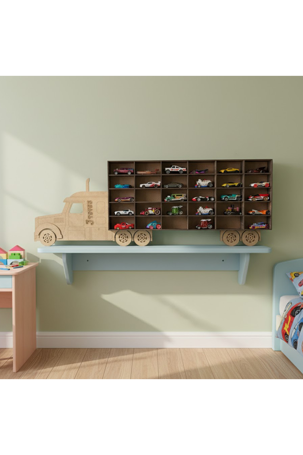 ماشین اسباب بازی “JTOYSS WOODEN TRUCK SHAPED 30 ENGAGE HOT CAR COLLECTION SHELF” J TOYSS