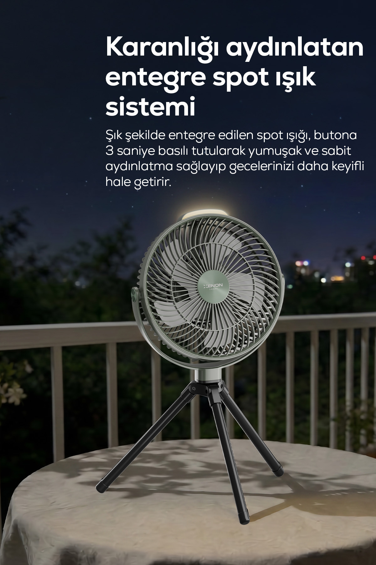 پنکه کمپینگ قابل‌حمل زنون اسمارت Xenon Smart، مدل X7434-M1، باتری ۸۰۰۰ میلی‌آمپرساعتی، سه‌پایه‌دار و چراغ‌دار سبز