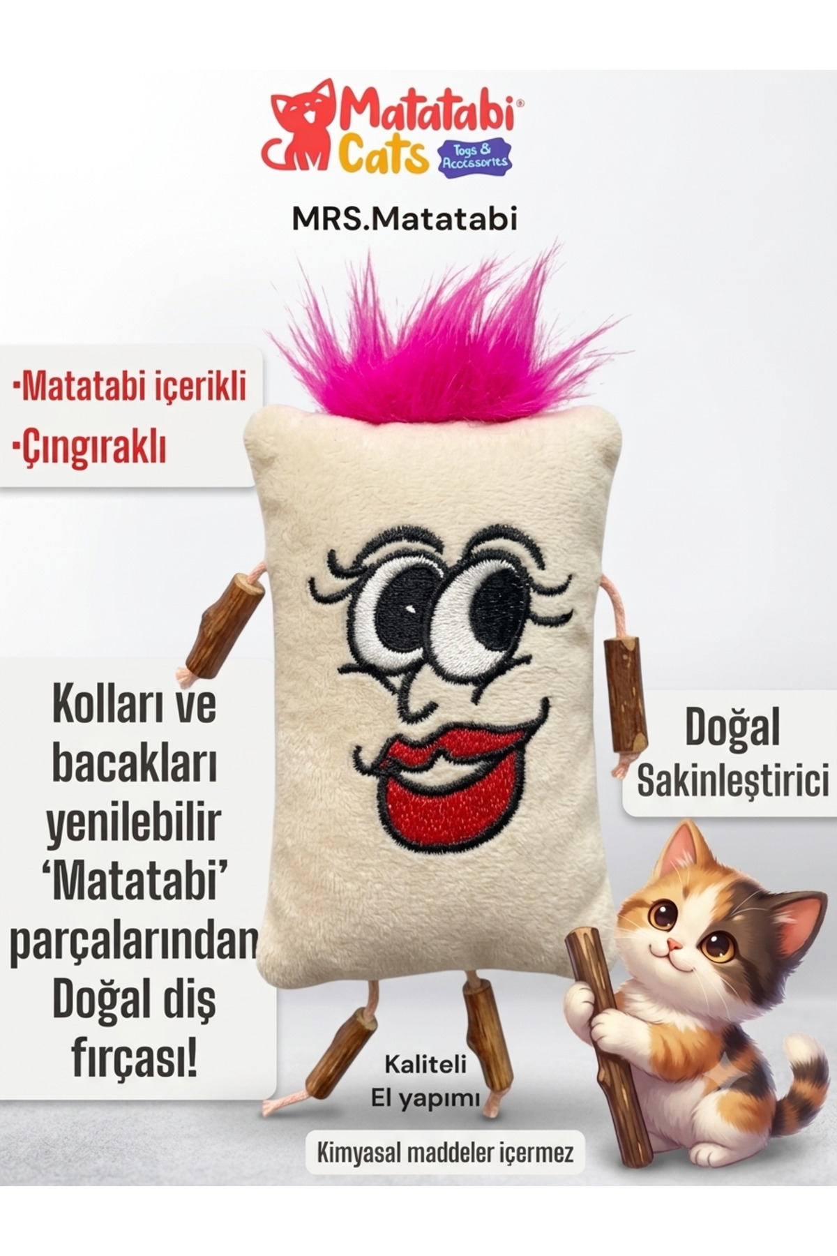 اسباب‌بازی پارچه‌ای صدادار گربه، ۱۲ سانتی‌متر، Mrs. Matatabi ماتاتابی کتس MATATABİ CATS سفید