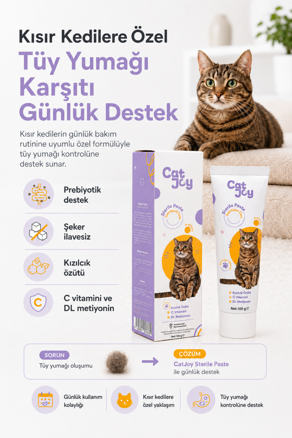 ست مراقبت گربه عقیم‌شده کت‌جوی CATJOY، خمیر مالت Sterile Malt ۱۰۰ گرم و قطره موی گربه B Plus، ۵۰ میلی‌لیتر