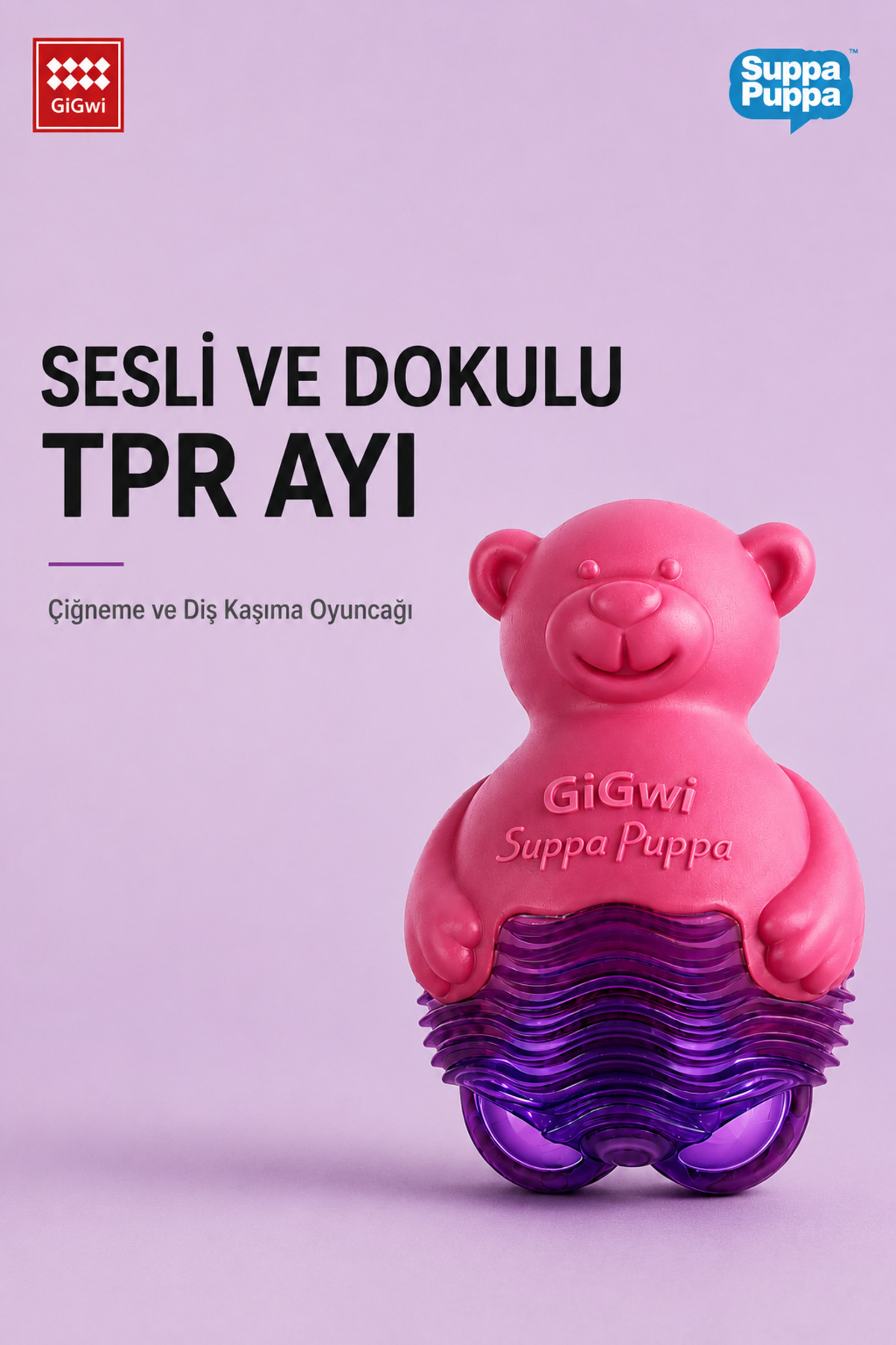 اسباب‌بازی جویدنی خرس برای سگ گیگ‌وی Gigwi، مدل 6325، سری Suppa Puppa، صدادار با بافت TPR صورتی