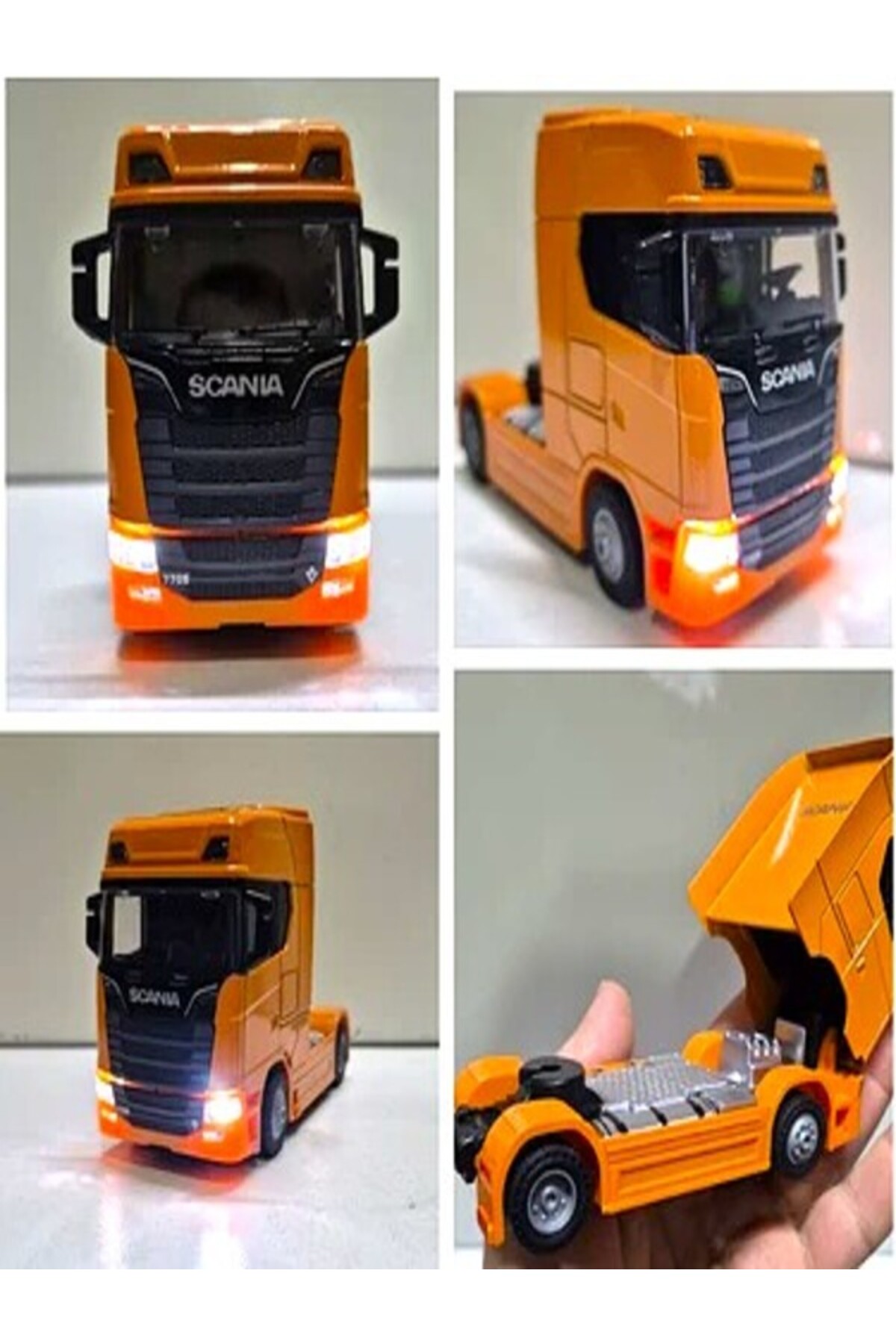 ماشین اسباب بازی نارنجی اصطکاک با باتری نور و صدا چک فلزی DROP TRUCK CUP TOWER JS1081 SUDESA OYUNCAK