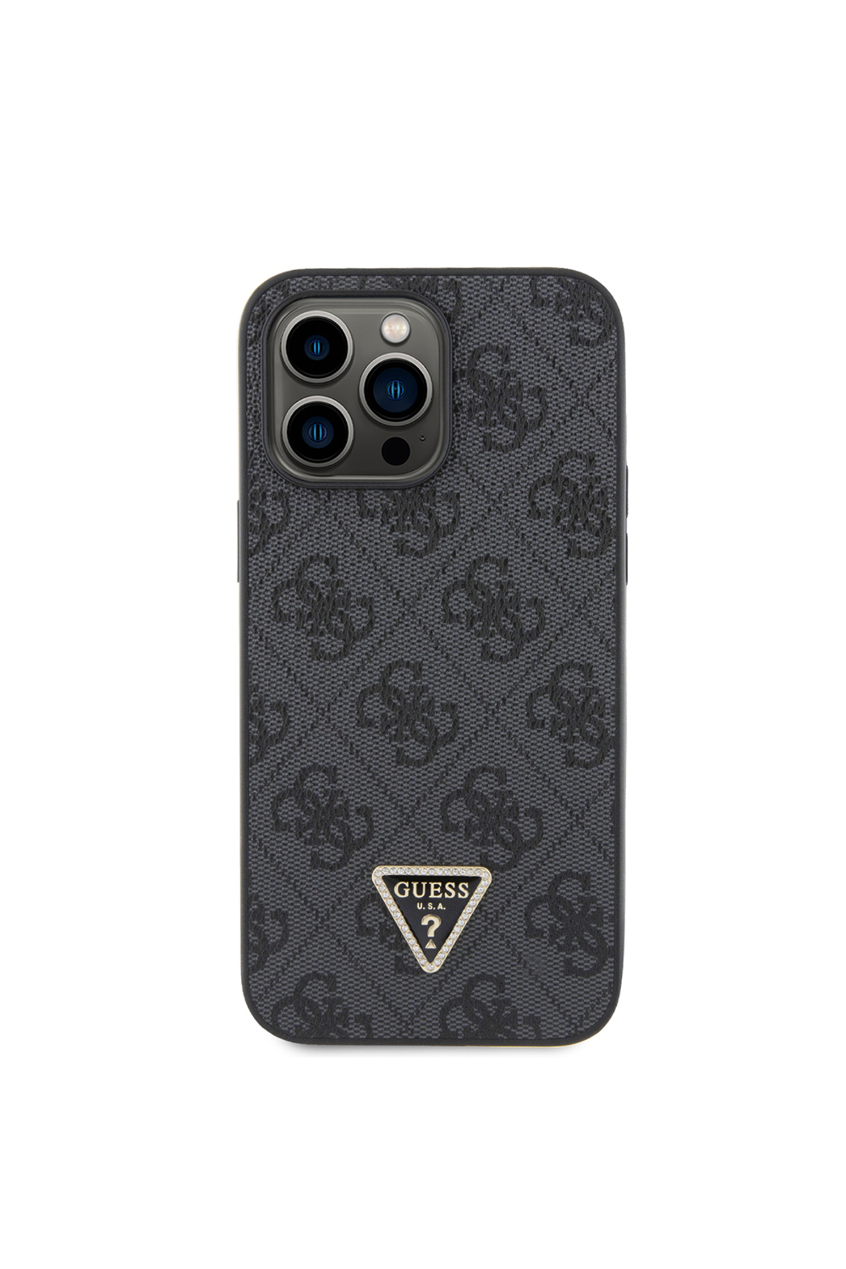 کاور و قاب IPHONE 14 PRO MAX CASE GUESS LICENSED PU چرمی STONED METAL TRIANGLE LOGO بند بدنه متقاطع مشکی اورجینال Guess