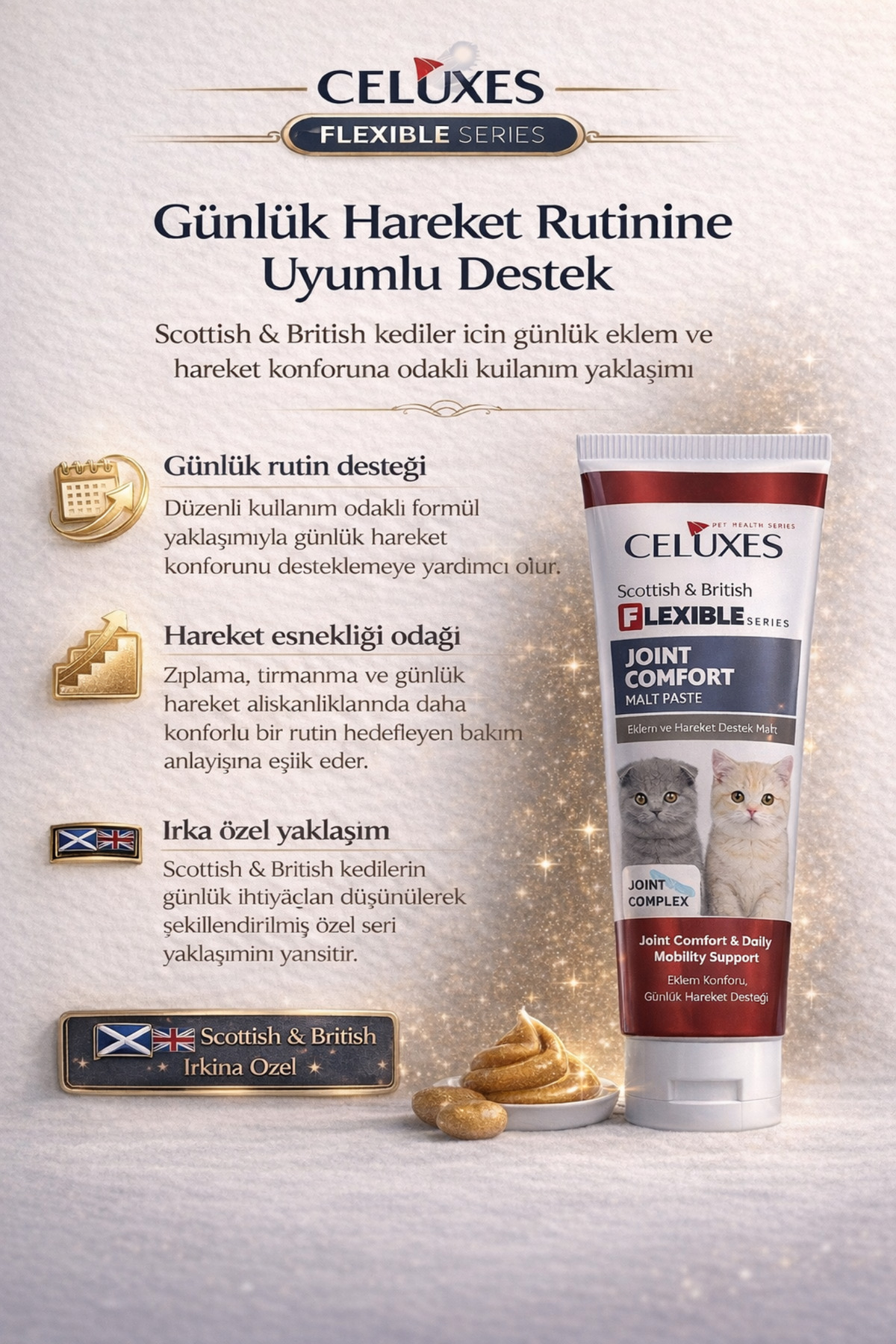 خمیر مالت گربه سلوکسز CELUXES Flexible Joint Comfort، ۱۰۰ گرم، اسکاتیش و بریتیش