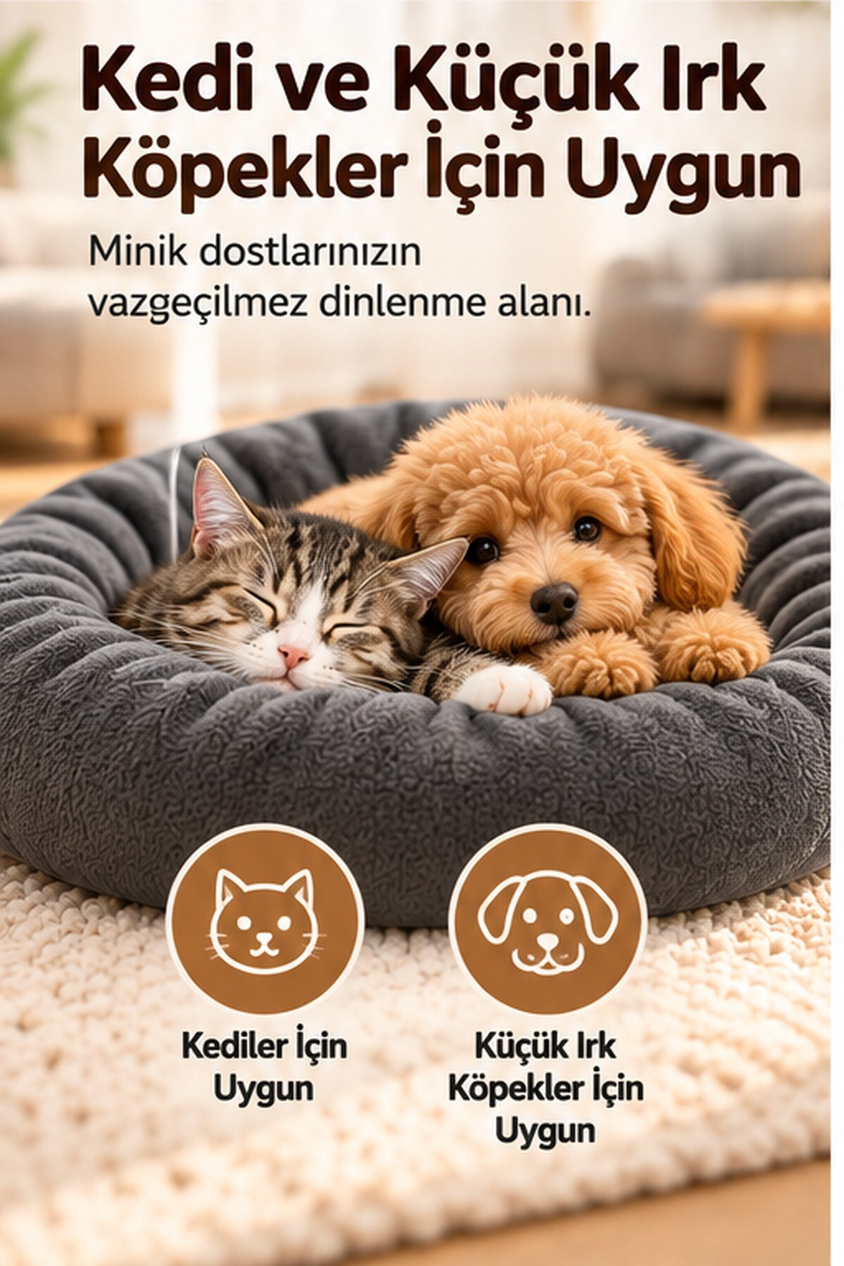 تخت گرد سگ و گربه کورتبای شکل Kurtbay Şekil، ۵۰×۵۰ سانتی‌متر، پارچه پولار خاکستری