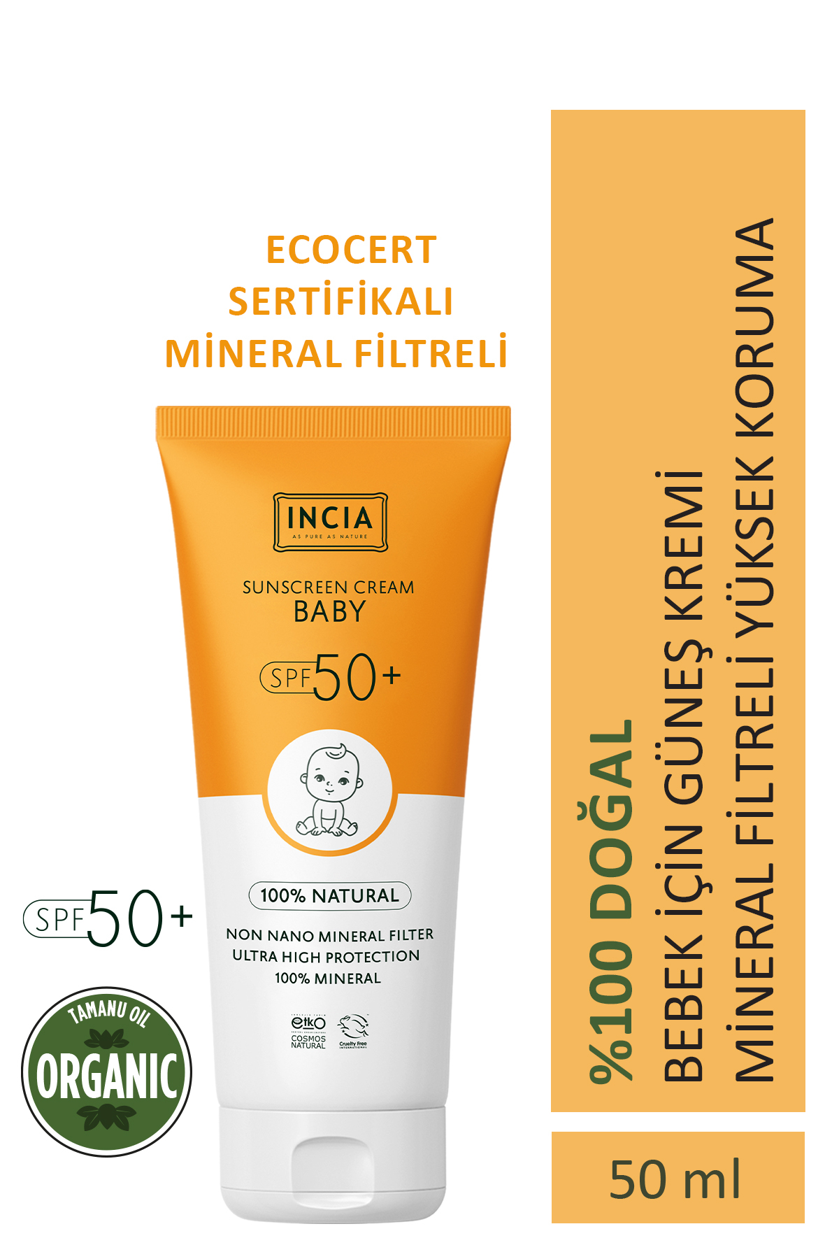 INCIA کرم ضد آفتاب طبیعی برای نوزادان با فیلتر معدنی SPF50+ 50 میلی‌لیتر