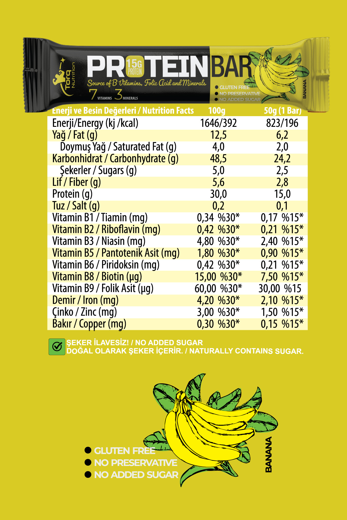 پروتئین بار نوار موز 50 گرم X 12 قطعه اورجینال Torq Nutrition