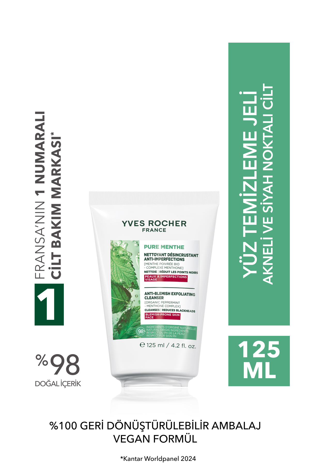 ژل شستشوی صورت موثر پربیوتیک پیلینگ Pure Menthe برای پوست های مستعد آکنه 125 میل ایوروشه Yves Rocher