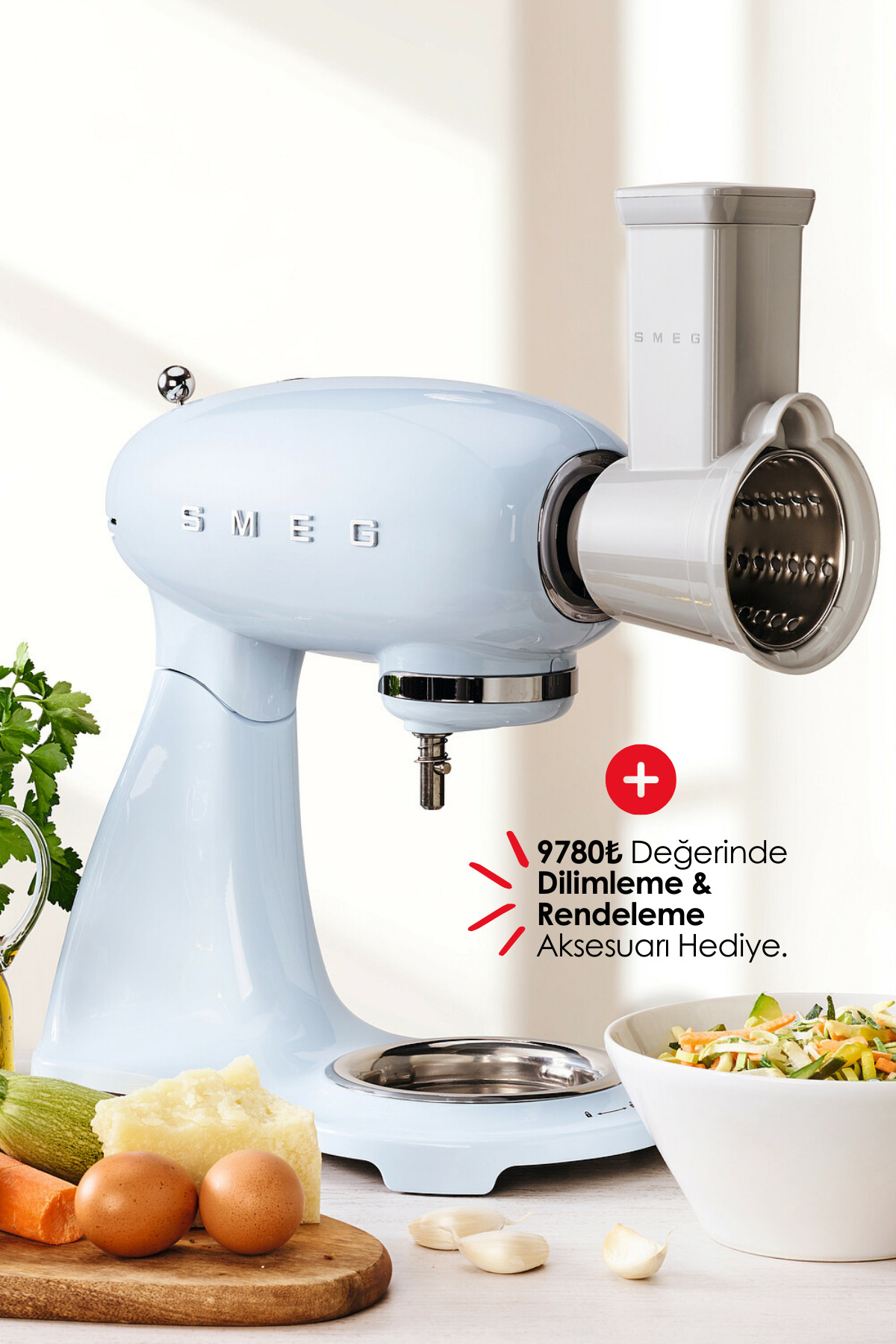میکسر و ست پایه آبی پاستلی سبک دهه 50 SMF03PBEU اورجینال Smeg