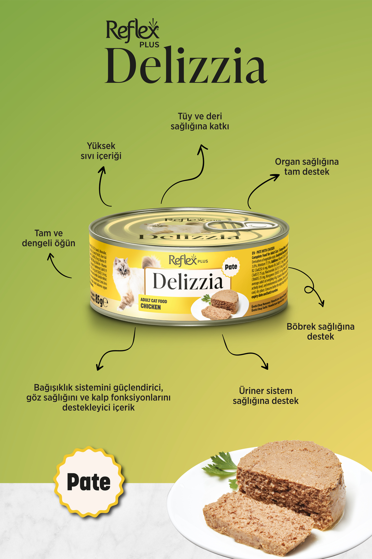 غذای کنسروی گربه بالغ با مرغ خردشده، ۸۵ گرمی × ۱۲ عدد، رفلکس Reflex Plus Delizzia