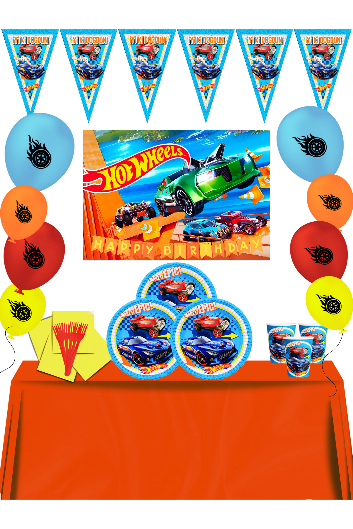 تزیینات تولد ماشین های خنک باند 16 نفره مواد تزئینی جشن مجموعه هات ویلز اورجینال HOT WHEELS