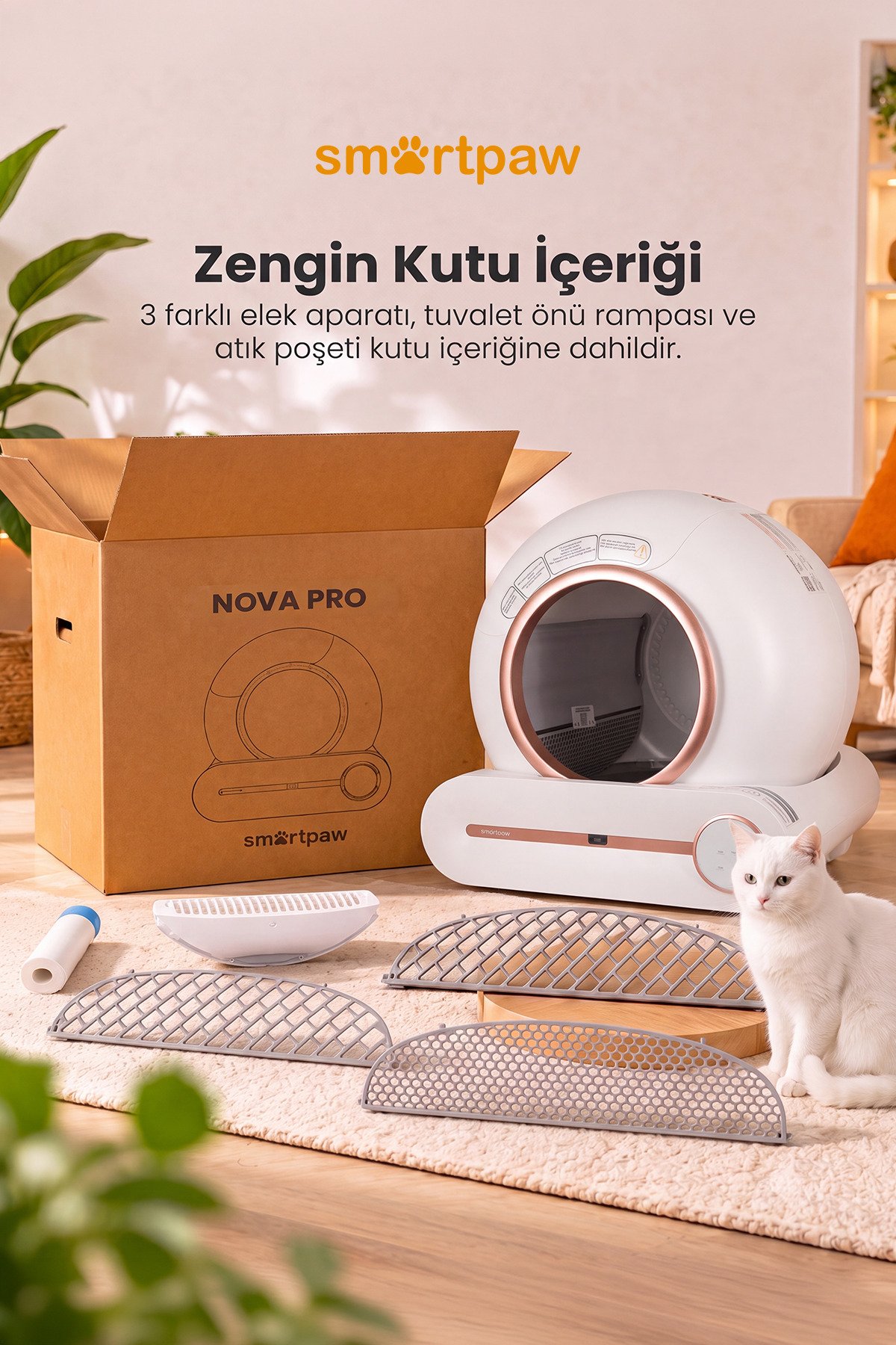 ظرف خاک گربه هوشمند و خودکار اسمارت‌پا SMARTPAW Nova Cat PRO، مدل MSP-0111، صورتی 65L