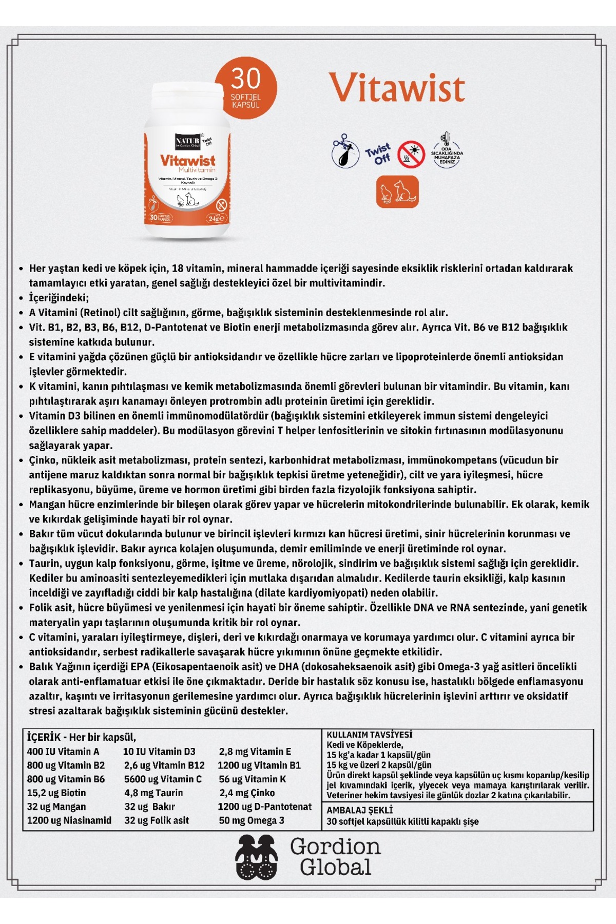 مکمل مولتی‌ویتامین گربه و سگ ناتور بای گوردیون گلوبال Natur by Gordion Global Vitawist
