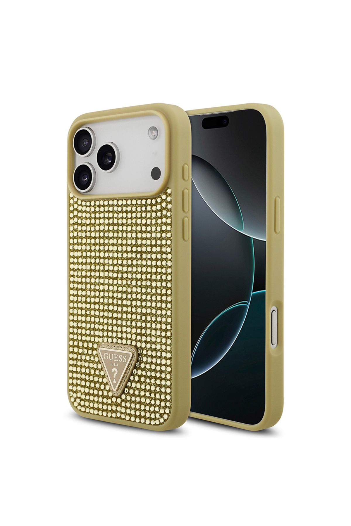 کاور و قاب سازگار با IPHONE 17 PRO MAX طلایی لوگوی سطح پشتی مثلثی لایسنس دار سنگی اورجینال Guess