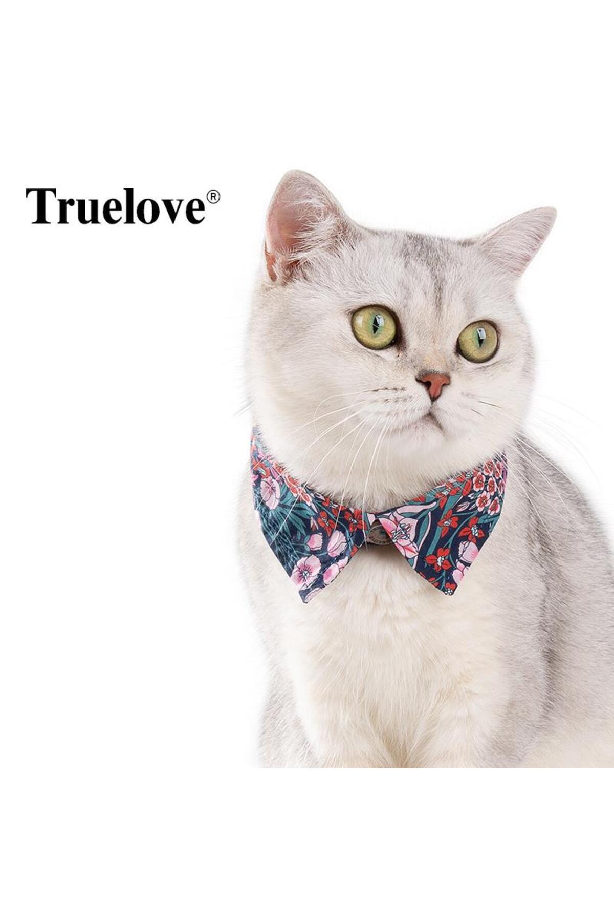 قلاده گردنی گربه و سگ ترو لاو True Love مدل RMKEBT-003، آبی با طرح گل‌های رنگارنگ