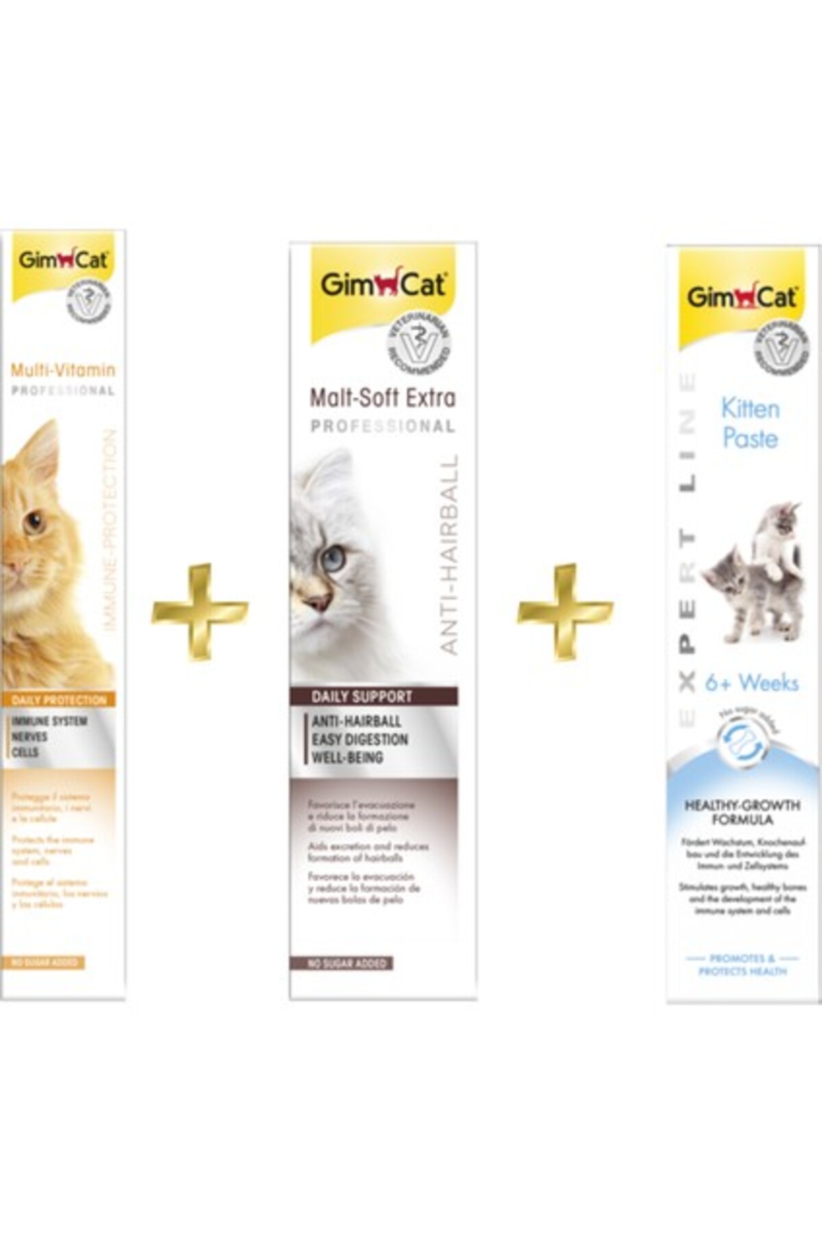 مجموعه خمیرهای مکمل گربه جیم‌کت Gimcat؛ مولتی‌ویتامین، مالت ضدگلوله مو و خمیر بچه‌گربه