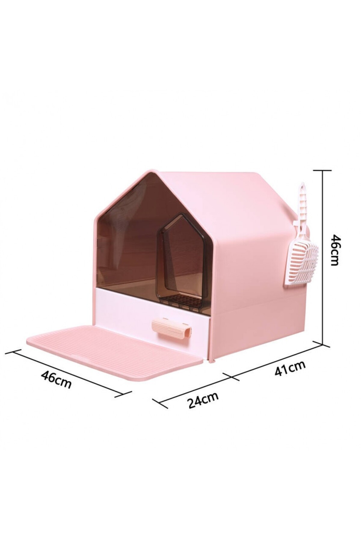توالت سرپوشیده گربه پتس هوم PETS HOME Lüks Villa مدل MSP-110، کشودار با پاد و بیلچه، پلاستیکی، صورتی، ۴۶×۴۱×۴۶ سانتی‌متر