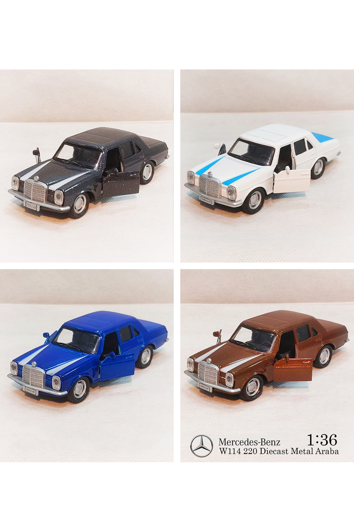 مدل خودرو بنز W114 | مجموعه 4 تایی ماشین های فلزی کش و رها DIECAST 1:36 12CM بررسی DROP جستجو اورجینال Mercedes