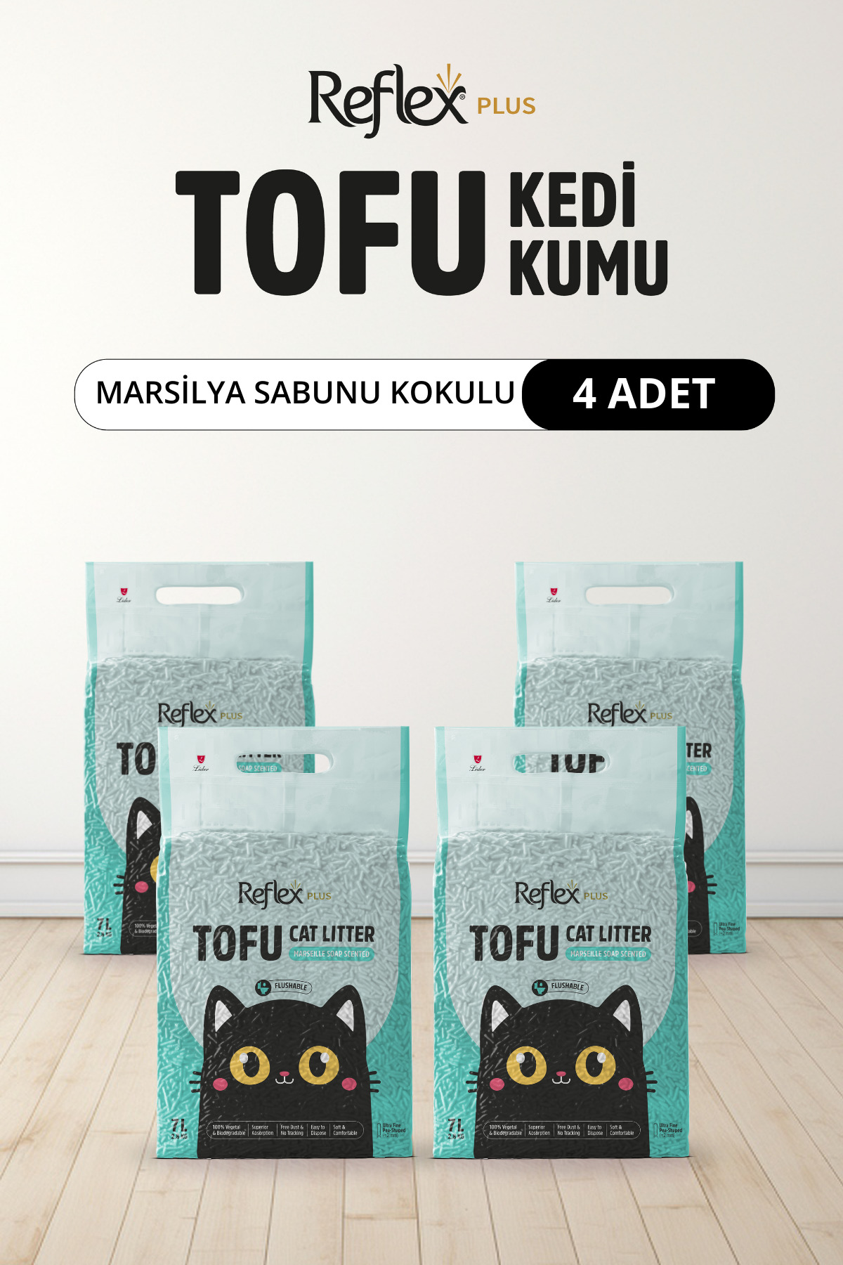 خاک گربه توفو با رایحه صابون مارسی رفلکس Reflex Plus، مدل Tofu00009، ۷ لیتر × ۴ بسته
