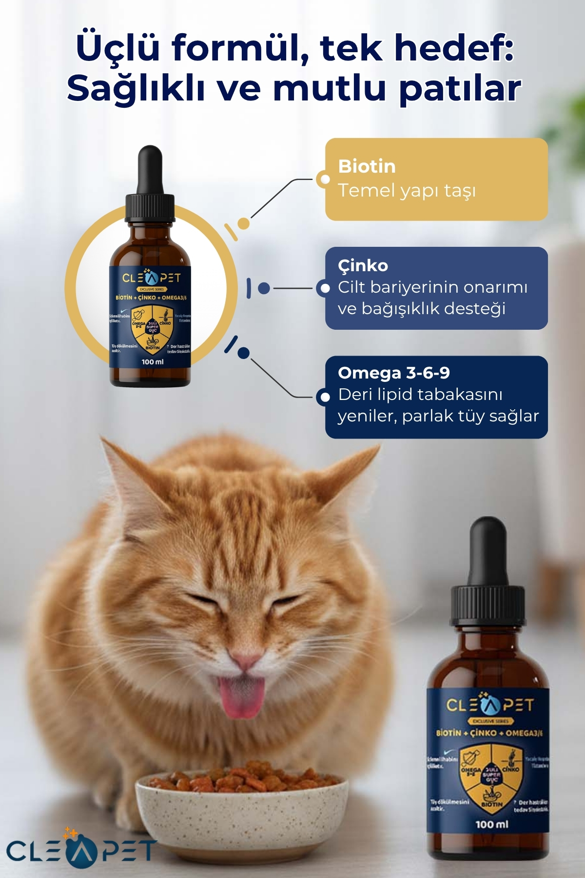 قطره مکمل گربه کلیپت Cleapet، بیوتین، روی و امگا ۳-۶-۹، ۱۰۰ میلی‌لیتر