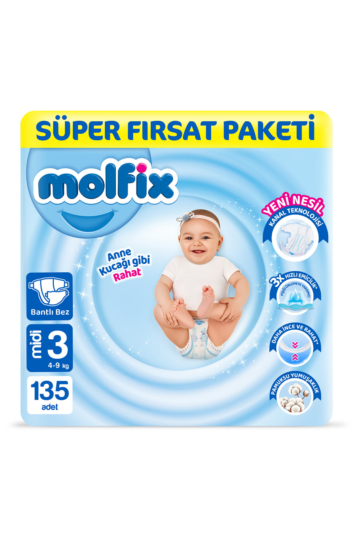 پوشک بچه سایز 3 میدی سوپر فرصت بسته 135 عددی اورجینال Molfix