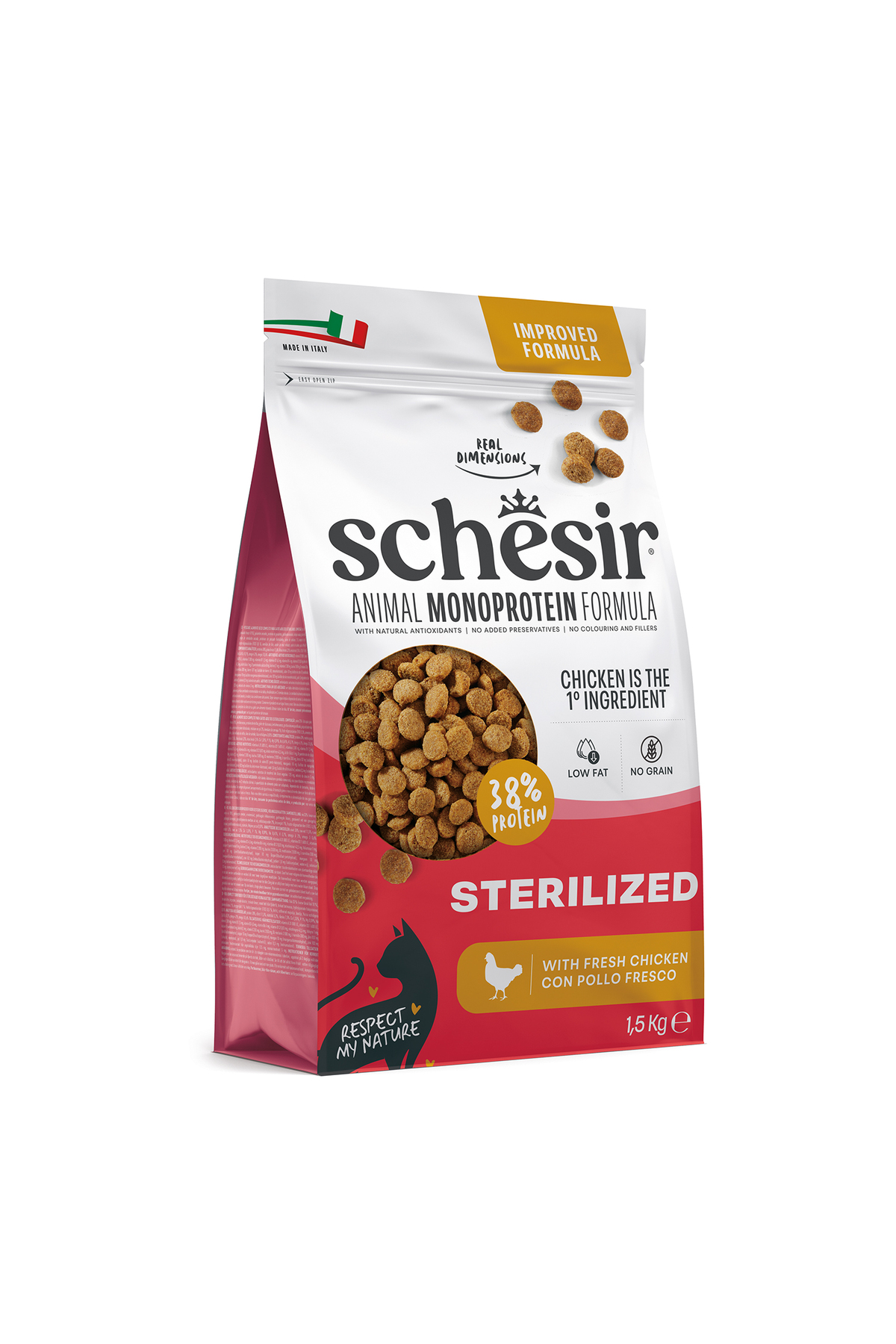 غذای خشک گربه بالغ عقیم‌شده تک‌پروتئین مرغ شسیر Schesir، ۱٫۵ کیلوگرم 1,5 kg