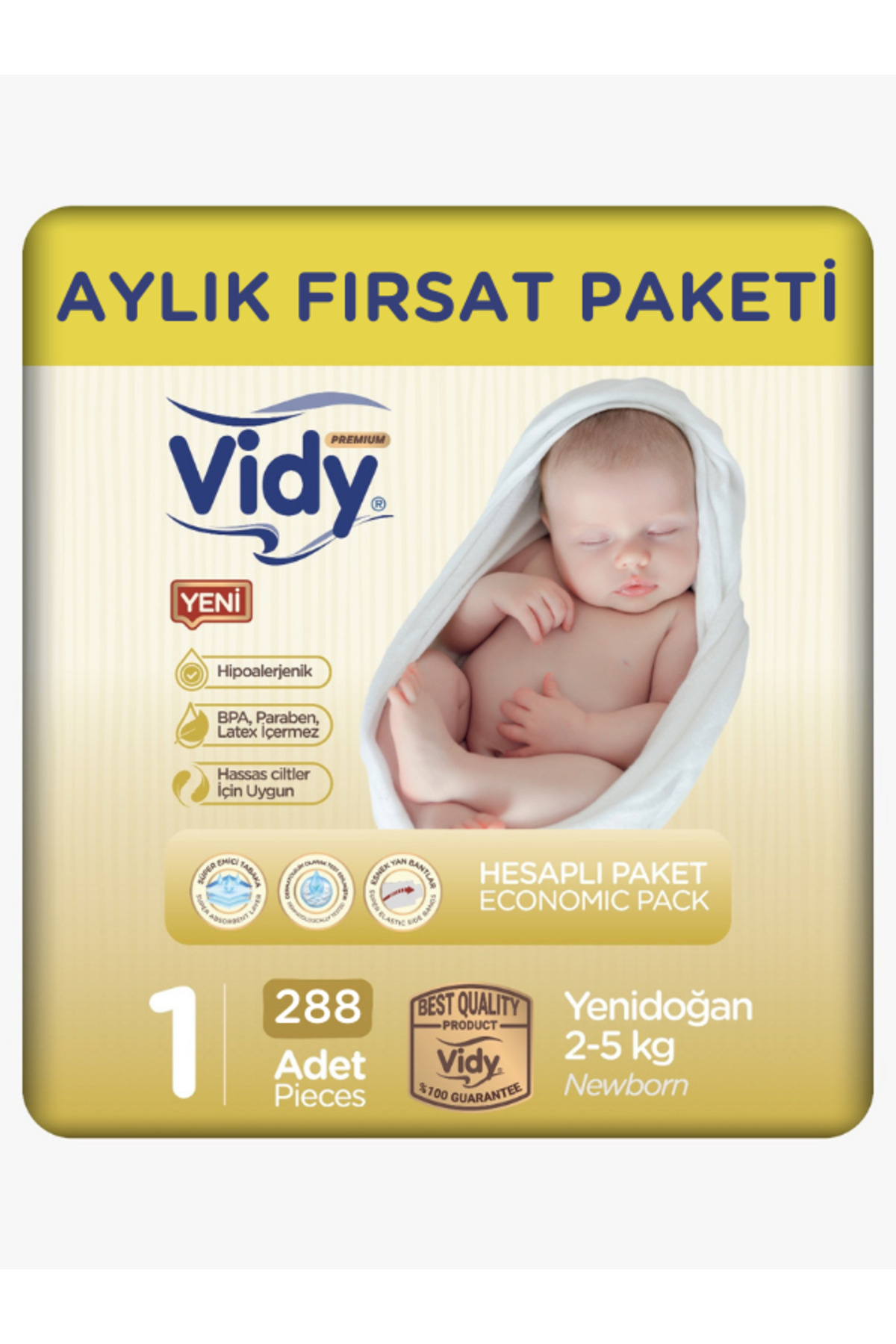 پوشک بچه شماره 1 نوزاد پرمیوم 288 عددی بسته 72×4 2 تا 5 کیلوگرم جاذب ضد نشتی حساسیت اورجینال Vidy