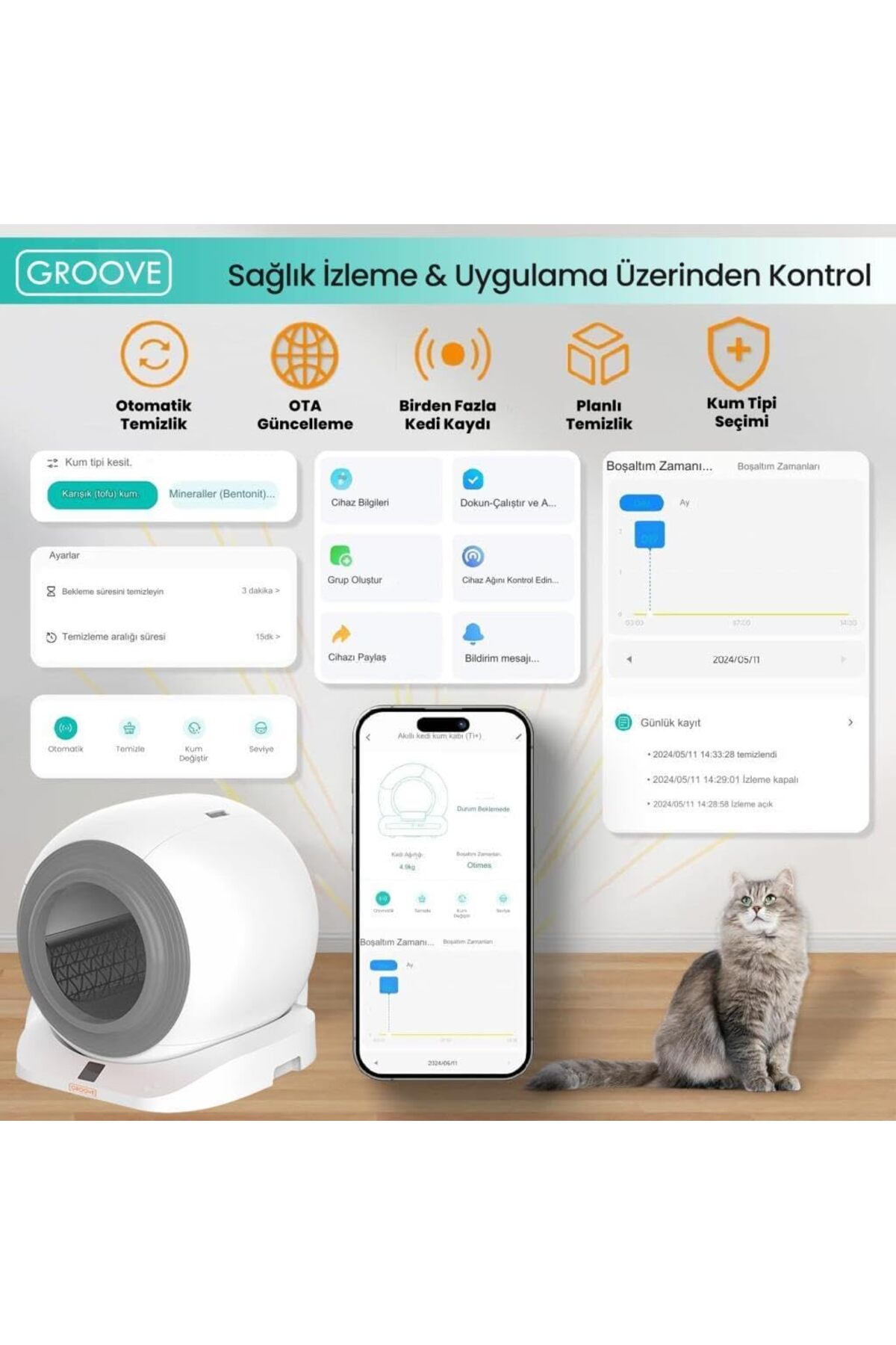 توالت هوشمند و خودکار گربه Q-Clean WiFi، خاکستری، نسخه جدید