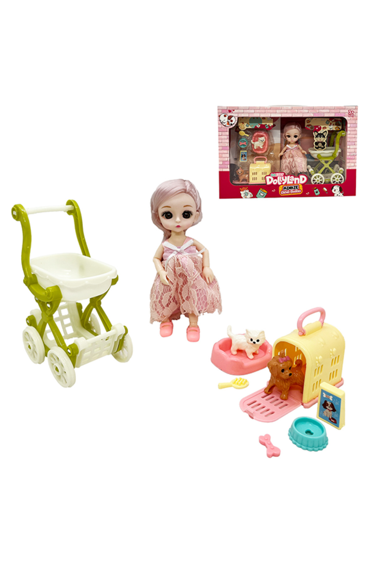 عروسک های اسباب بازی و لوازم جانبی مجموعه DOLLYLAND MINKIE BABY BABDY 10 قطعه با دوستان حیوانات کالسکه Gokidy
