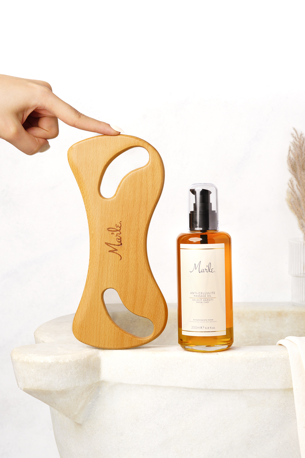 روغن ماساژ ضد سلولیت MAR'LE Mar'le 200 میلی لیتر + ابزار ماساژ چوبی، ست دو تکه مراقبت از سلولیت