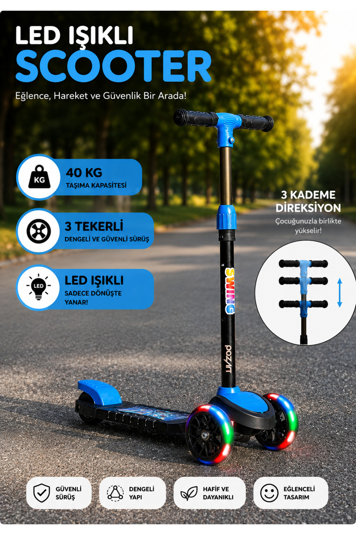 اسکوتر کودکان جدید SWING 3 WHEELS با چراغ LED ظرفیت 40 کیلوگرم مناسب برای سنین سال به بالا POZART