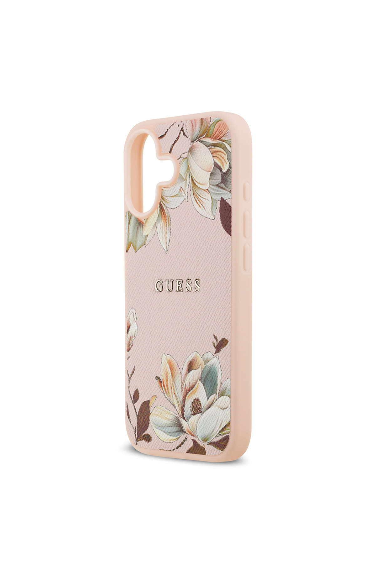 کاور و قاب سازگار با IPHONE 17 دارای مجوز M SAFE طرح فلزی گل دانه دار جلد لوگوی متنی رنگ صورتی اورجینال Guess