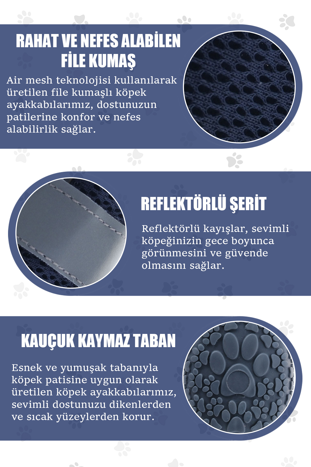کفش سگ پاوپرینتس PawPrints مدل PP01، سرمه‌ای بازتابنده با زیره لاستیکی ضدلغزش