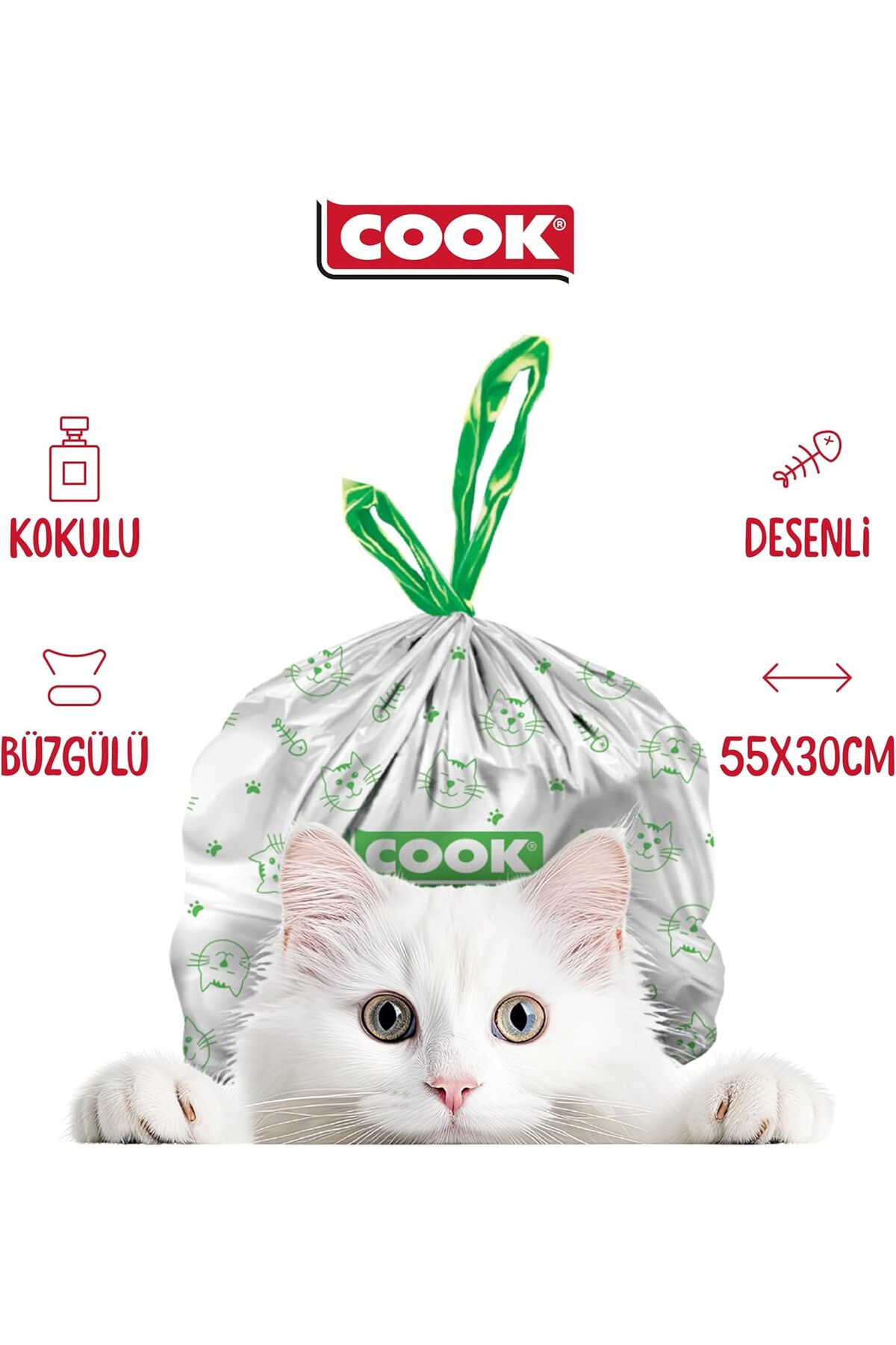کیسه زباله بنددار مخصوص خاک گربه کوک COOK، ۵۵×۳۰ سانتی‌متر، ۲۰ برگ، با رایحه صابون، سفید