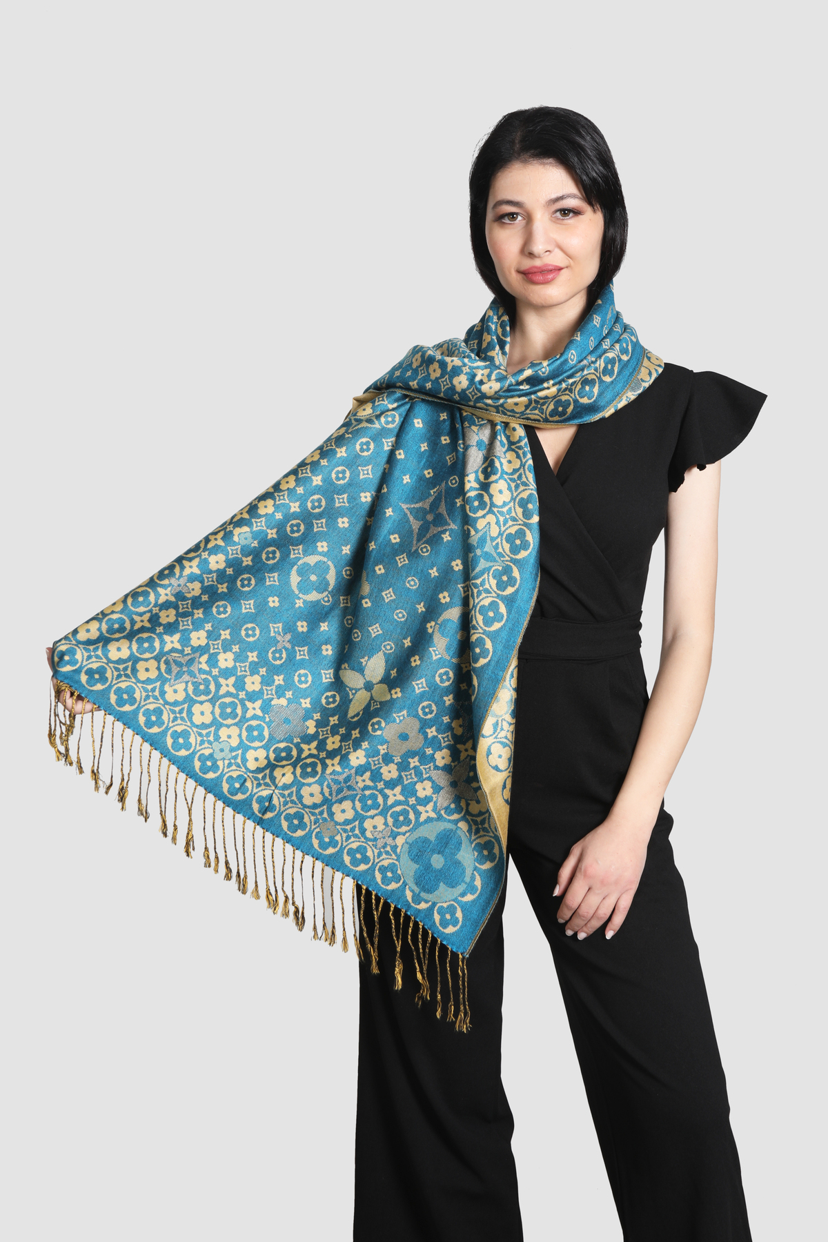 شال زنانه میستیک Mystic طرح پشمینه فیروزه‌ای و طلایی، مدل MS-244