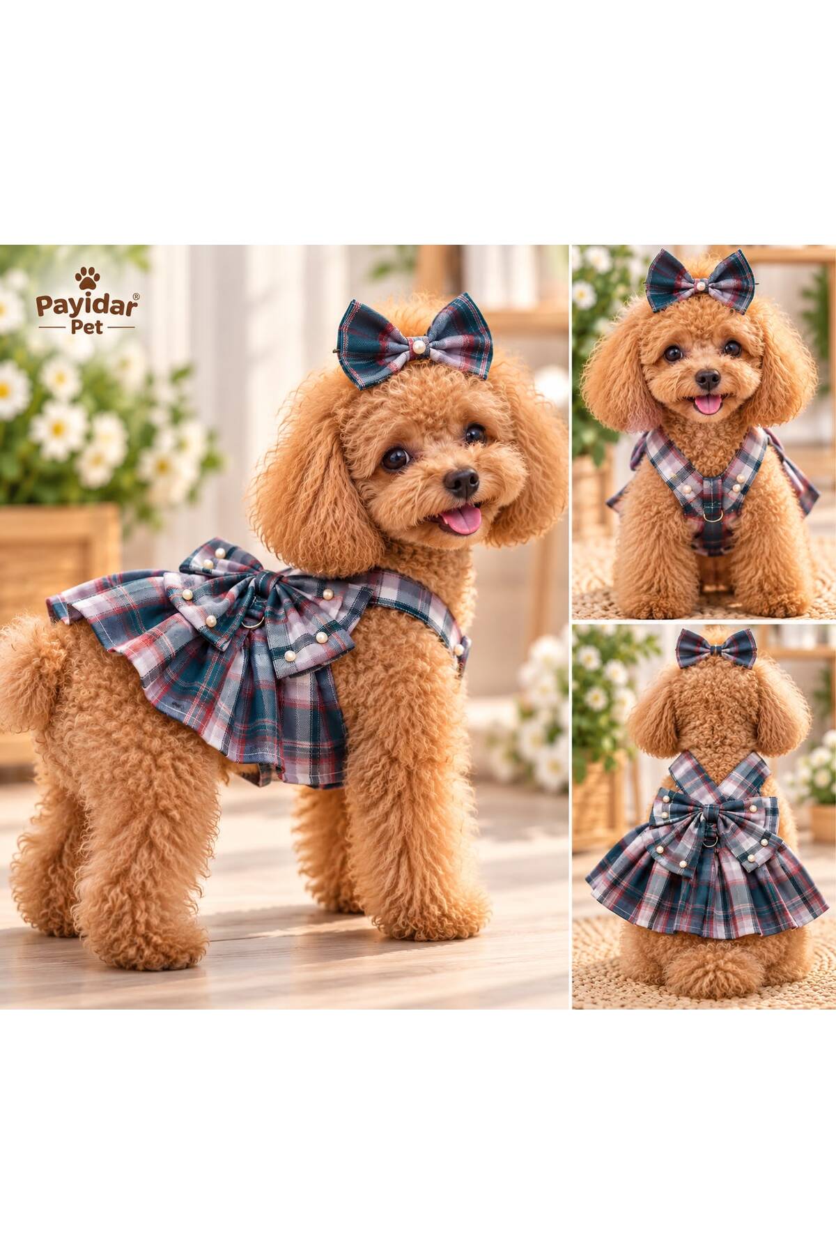 ست لباس سگ پایدار پت Payidar Pet، Pet Fashion Premium، طرح چهارخانه همراه بند و گیره پاپیونی چندرنگ