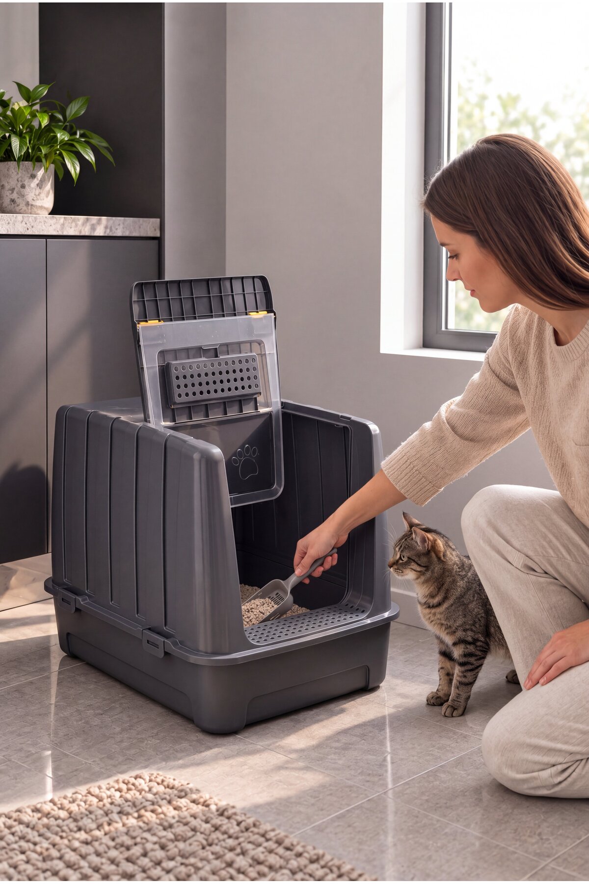 توالت گربه دربسته وومو استور Vumo Store JUMBOXXL، ۶۷×۴۷×۵۱ سانتی‌متر، با فیلتر کربن فعال و ۴ قطعه هدیه خاکستری