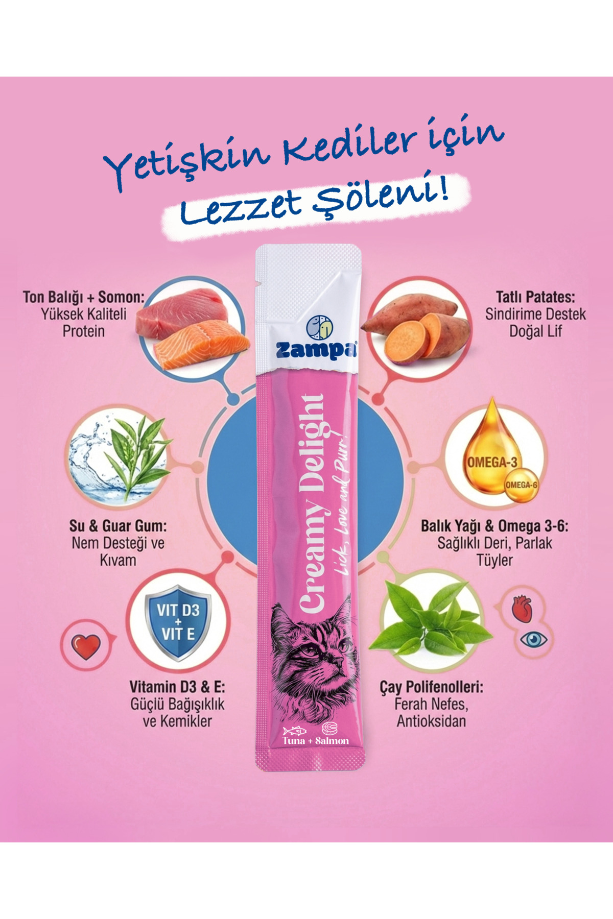 تشویقی کرمی گربه زامپا Zampa سری Creamy Delight، تن ماهی و سالمون، ۱۶ گرم × ۵