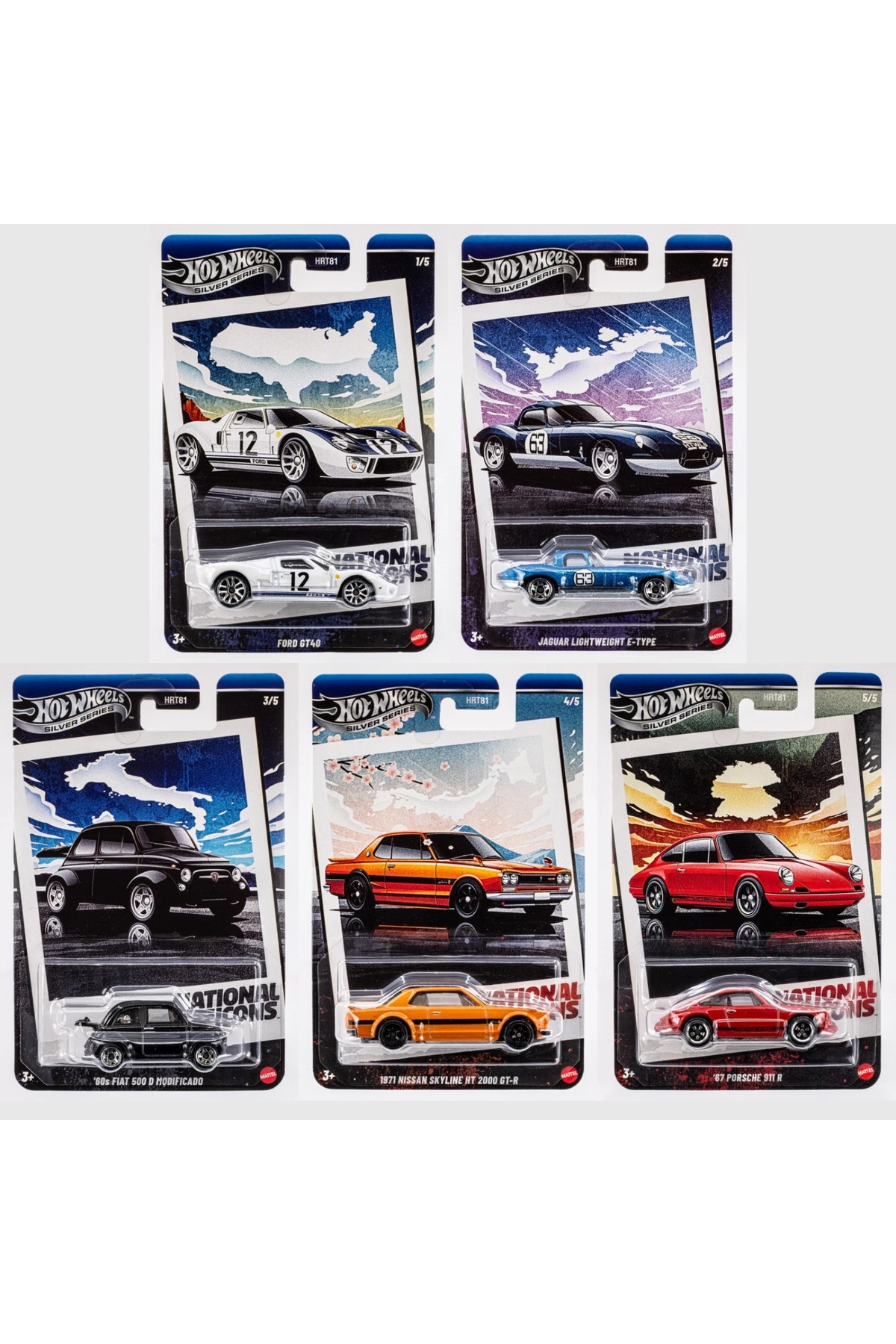 ماشین اسباب بازی مجموعه 5 عددی نمادهای ملی فورد GT40 جگوار E TYPE فیات 500 نیسان اسکای لاین GT R پورشه 911R از ترکیه HOT WHEELS