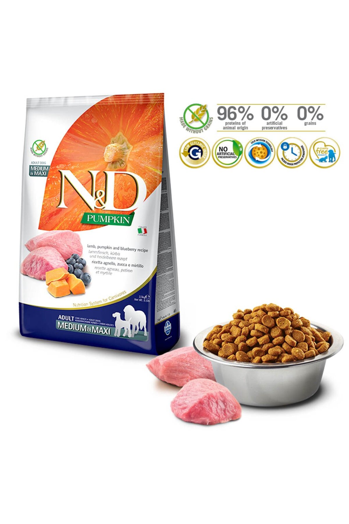 غذای خشک سگ بالغ نژاد متوسط تا بزرگ با کدوحلوایی و بره، ان‌دی N&D 12 KG