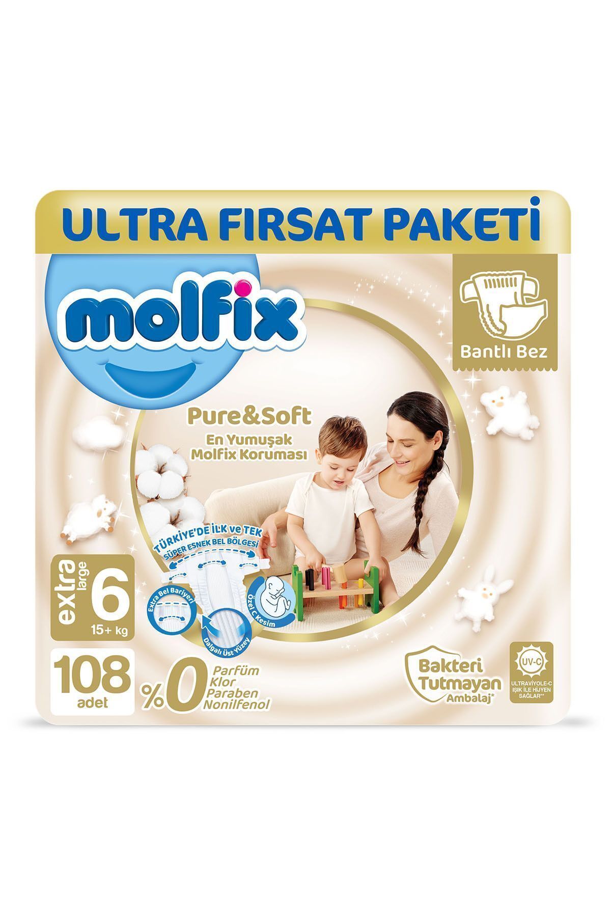 پوشک بچه PURE&amp;SOFT 6 SIZE E.LARGE ULTRA OPPORTUNITY PACK 108 PIECES اورجینال Molfix