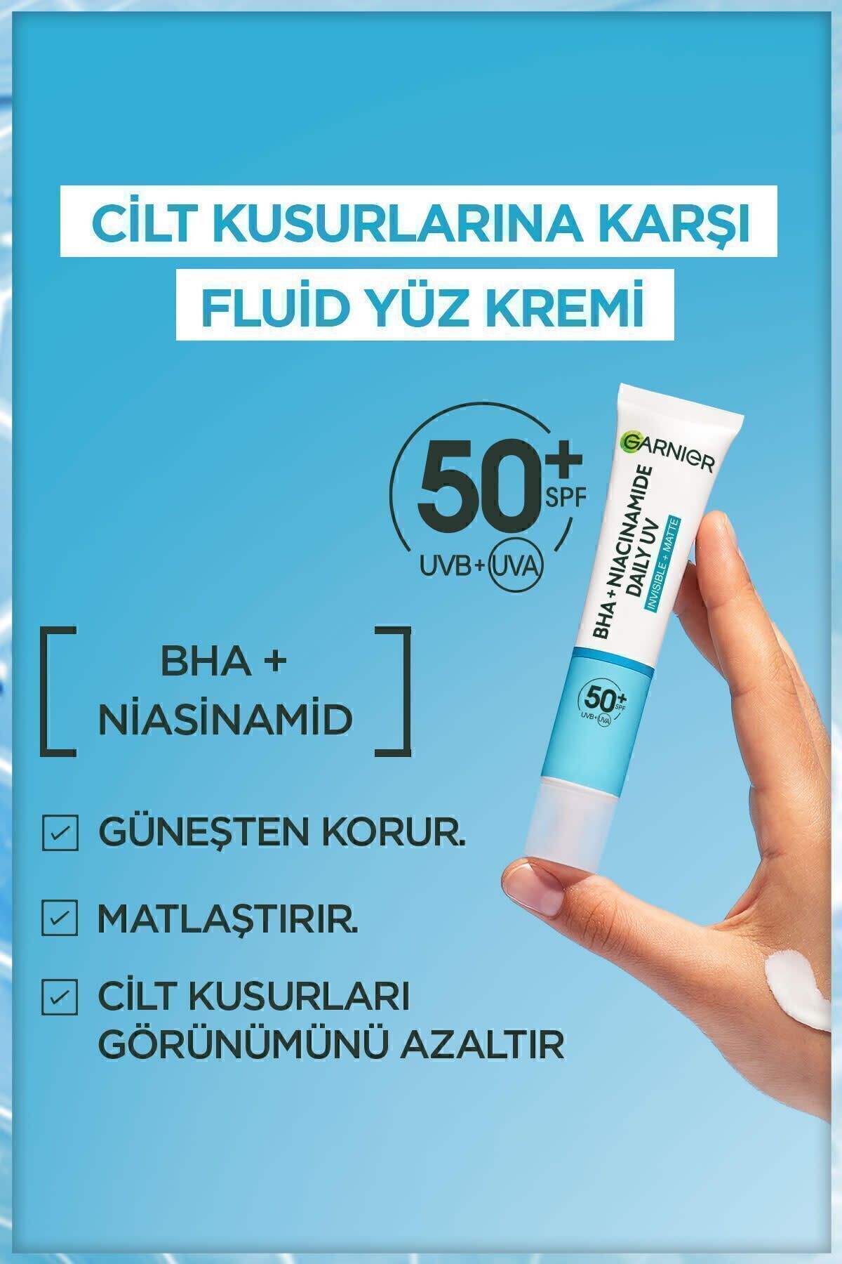 Garnier ضدآفتاب روزانه بافت مایع کرم صورتی BHA+Niasinamide Pure &amp; Clean SPF50 40 میلی لیتر