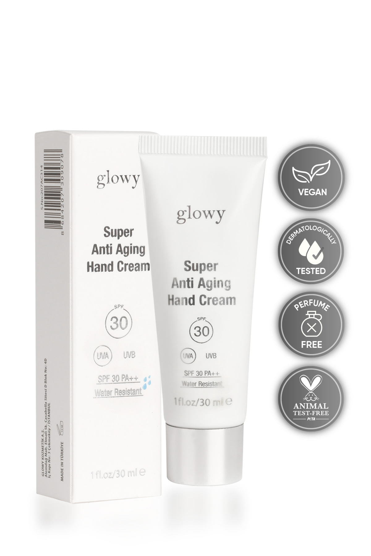 کرم دست مرطوب‌کننده قوی با SPF30 و خاصیت ضد پیری حجم 30 میلی‌لیتر GLOWY