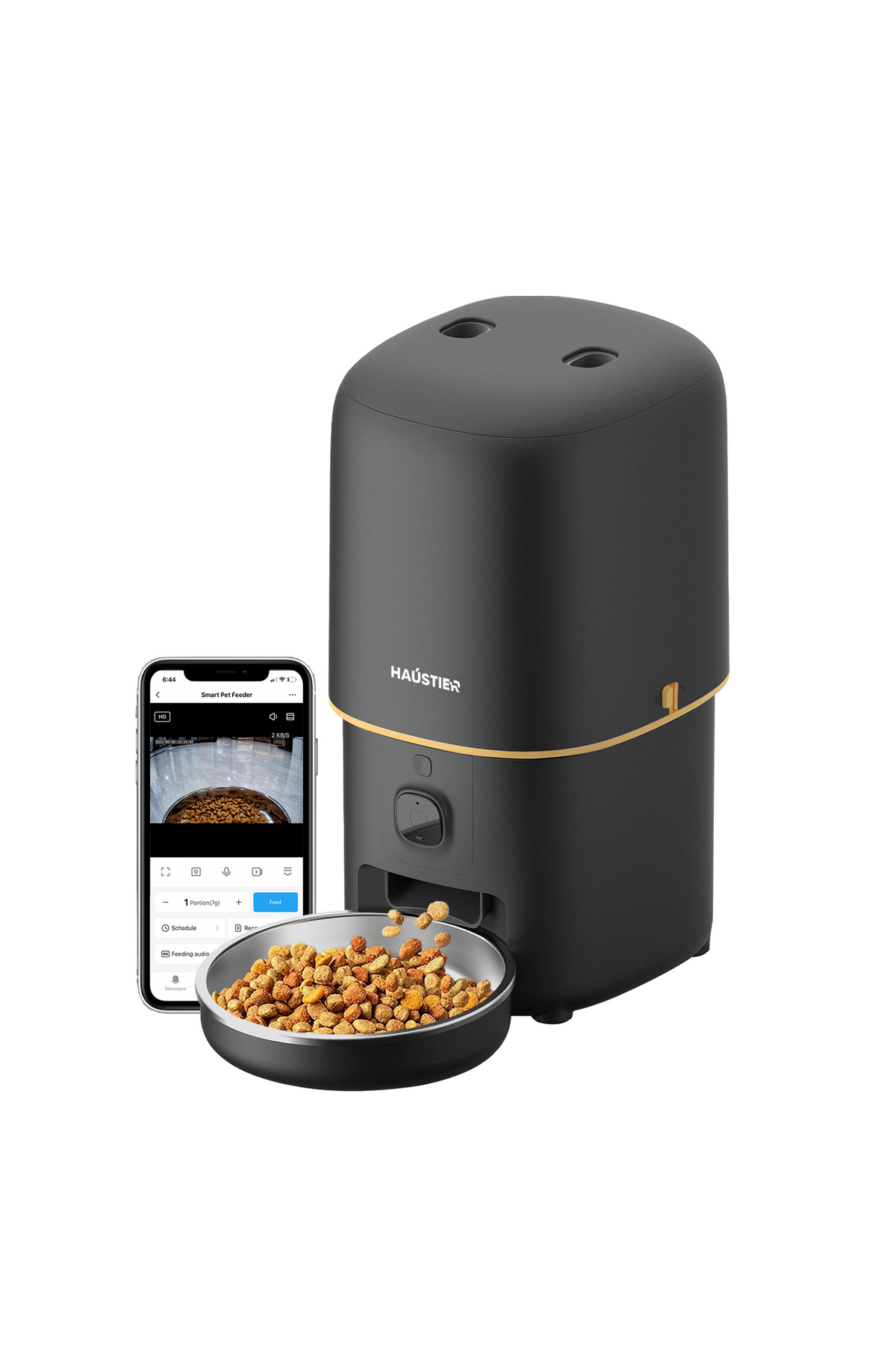 غذاخوری هوشمند و خودکار گربه هاوستیر Haustier، مدل HST-PF05SİYAH، مشکی با دوربین 1080P FHD، مخزن ۴ لیتری و کاسه فلزی