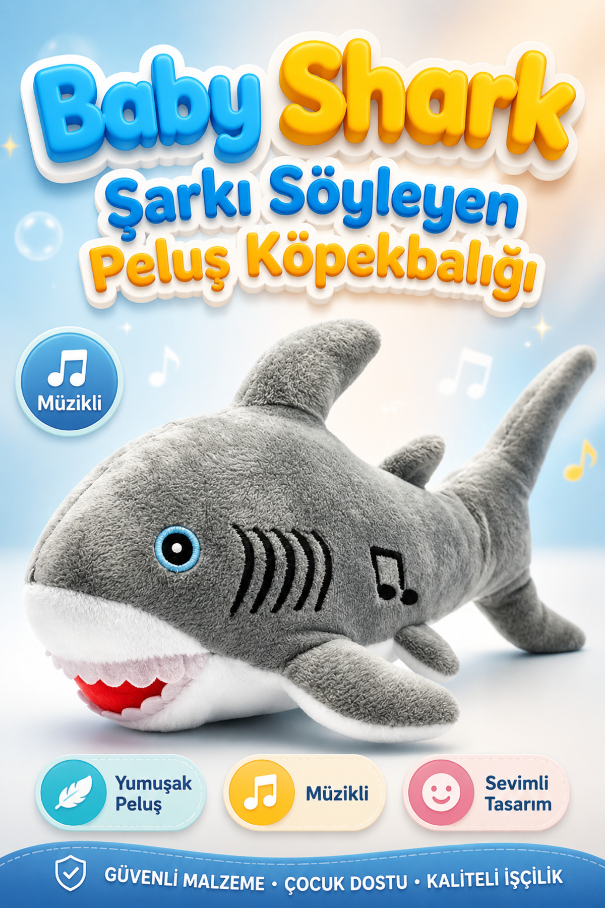 اسباب بازی های پشمی BABY SHARK SINGING PUSH TOY 25 سانتی متری – موزیکال مخمل خواب نرم برای کودکان از ترکیه viyolmarketim