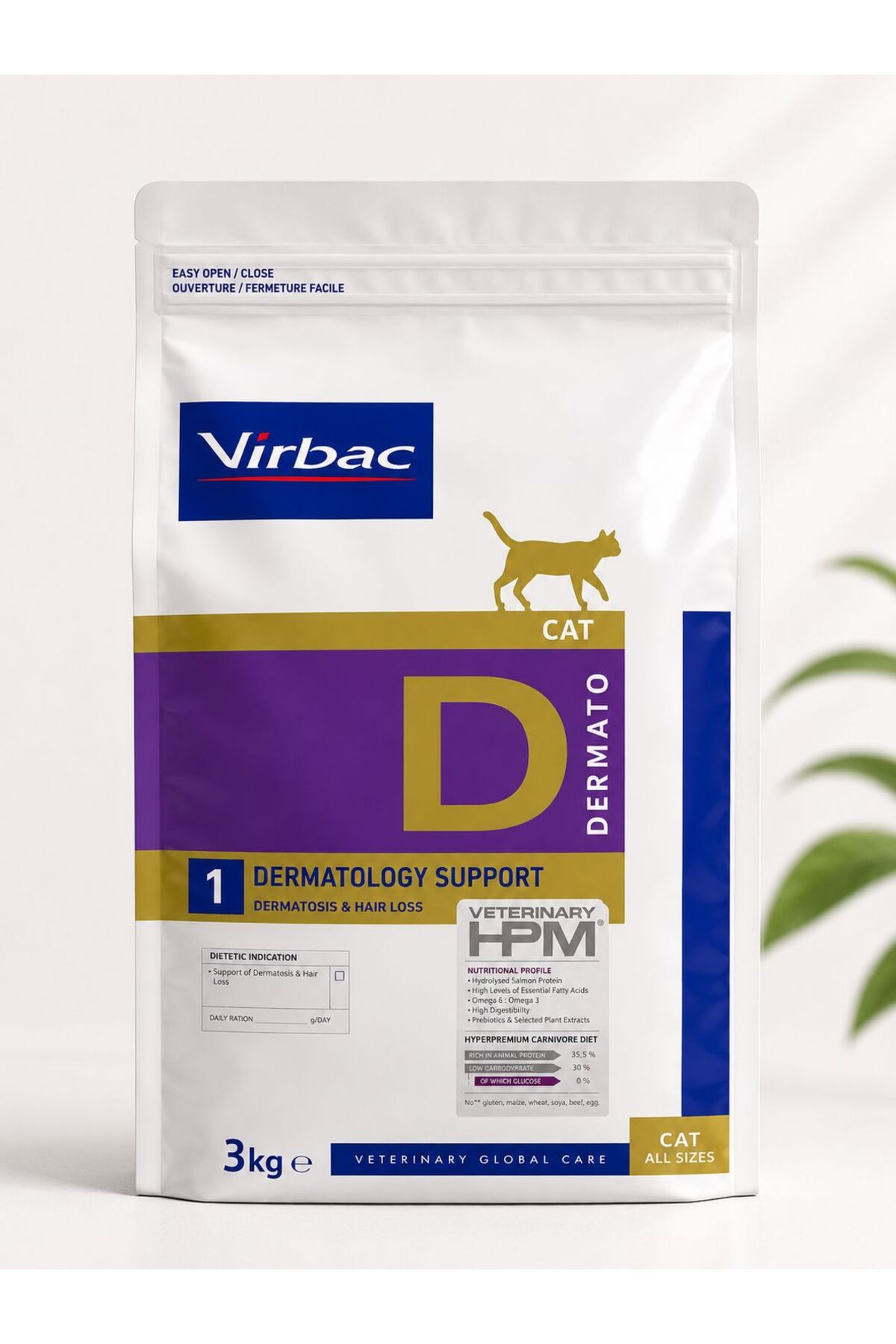 غذای خشک گربه ویر‌بک Virbac Veterinary HPM D1، پشتیبانی پوست و مو، ۳ کیلوگرم