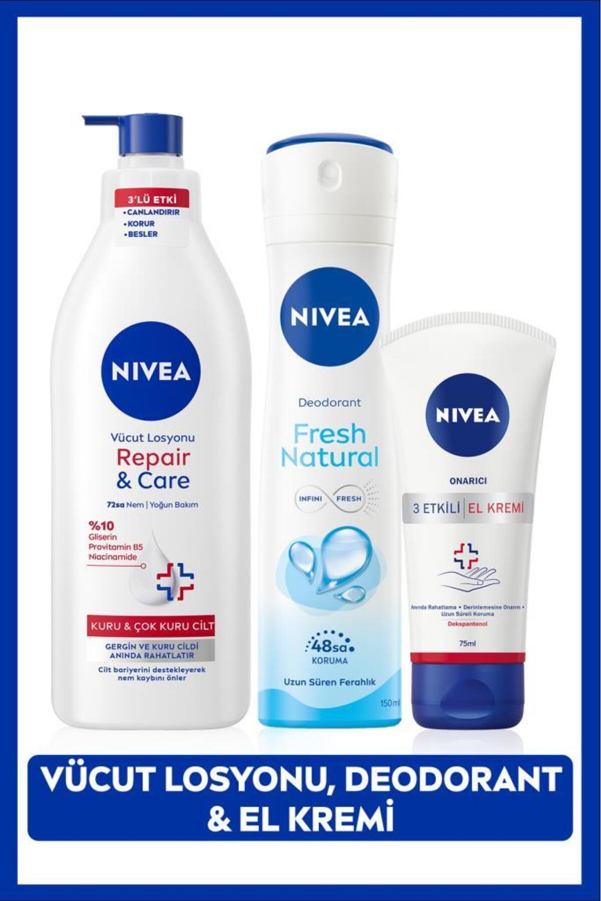 NIVEA مرطوب کننده و مراقبت کننده بدن 400 میلی لیتر + کرم دست R &amp; C 75 میلی لیتر + اسپری ضد تعریق زنانه فرش 150 میلی لیتر