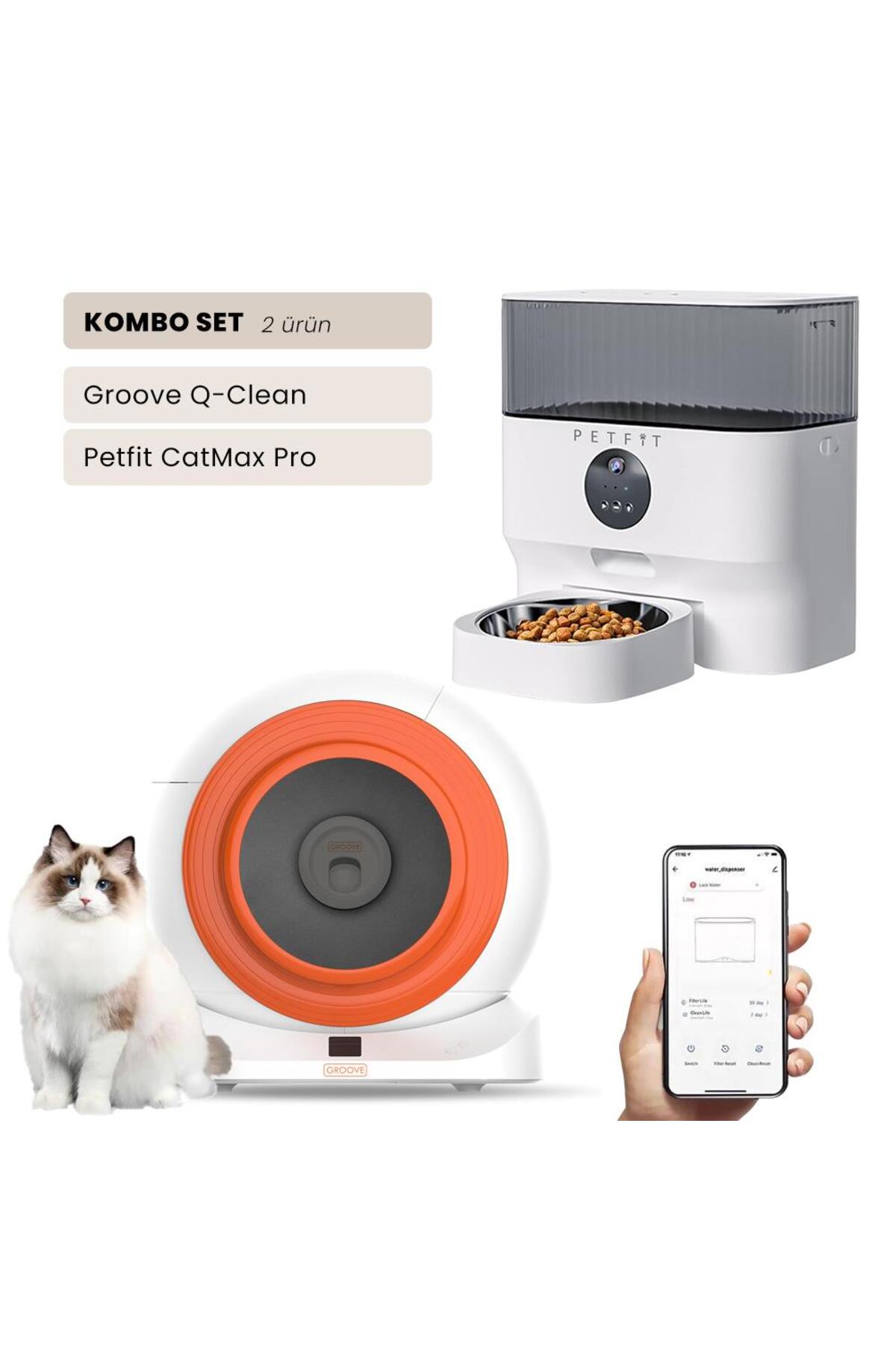 توالت خودکار گربه Groove Q-Clean نارنجی + دستگاه دوربین‌دار پت‌فیت Petfit CatMax Pro 5L