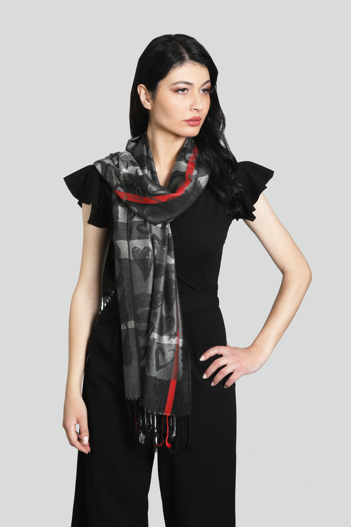 شال پاشمینا طرح‌دار طوسی و مشکی میستیک Mystic مدل MS-252 زنانه